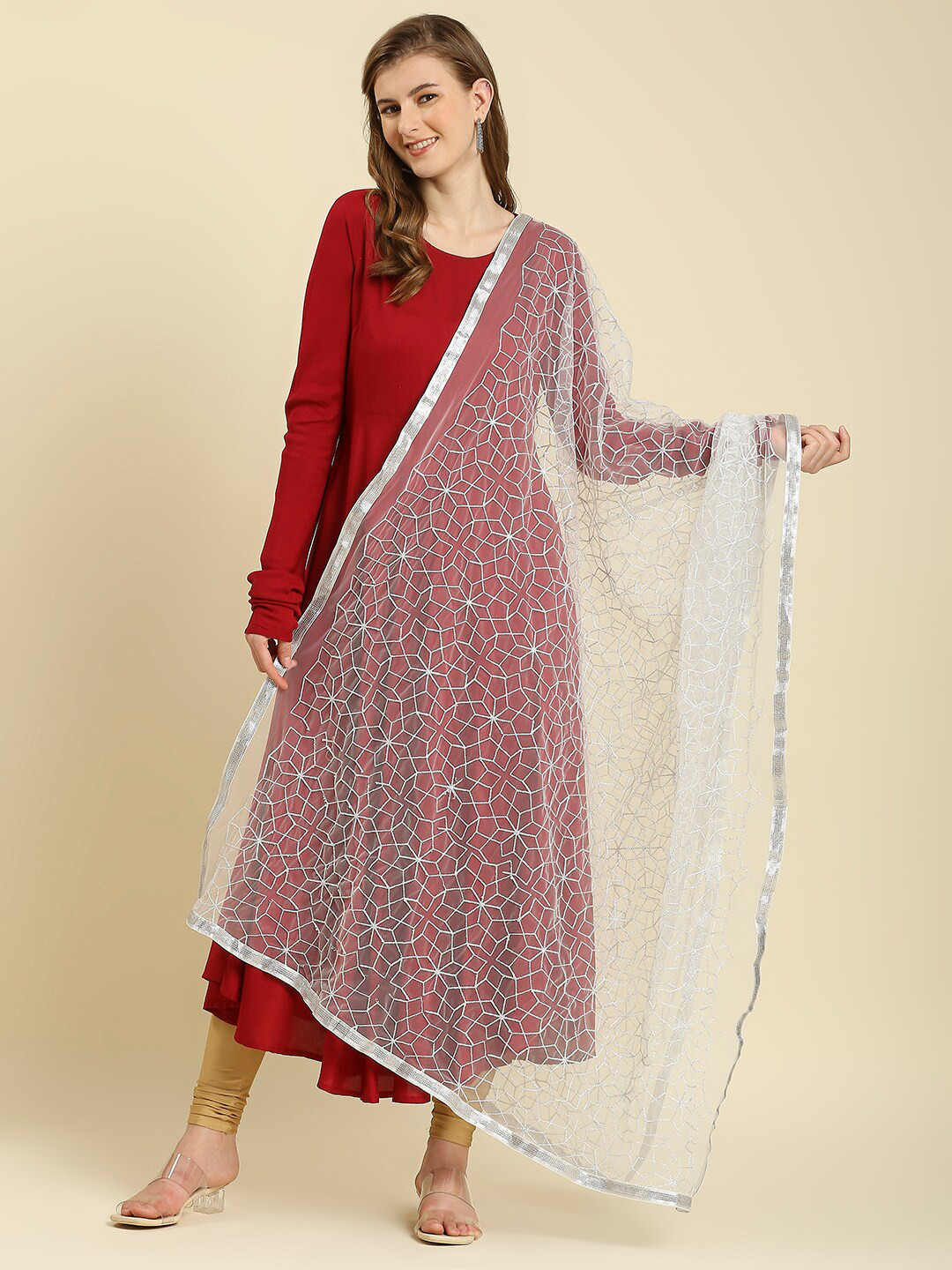 

Dupatta Bazaar Women White & Silver Embroidered Net Dupatta