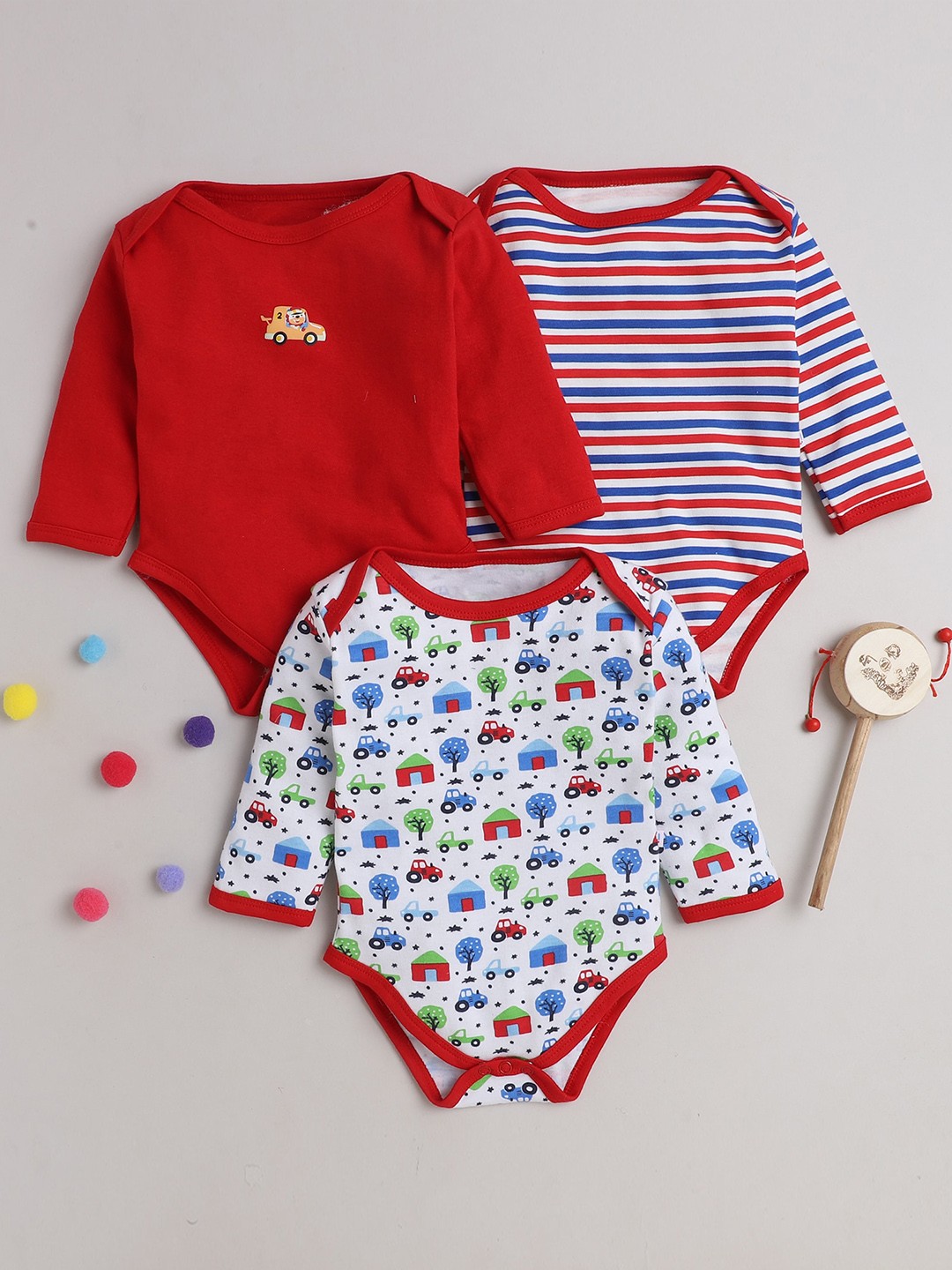 

BUMZEE Infant Boys Pack of 3 Printed Cotton Bodysuits, Red