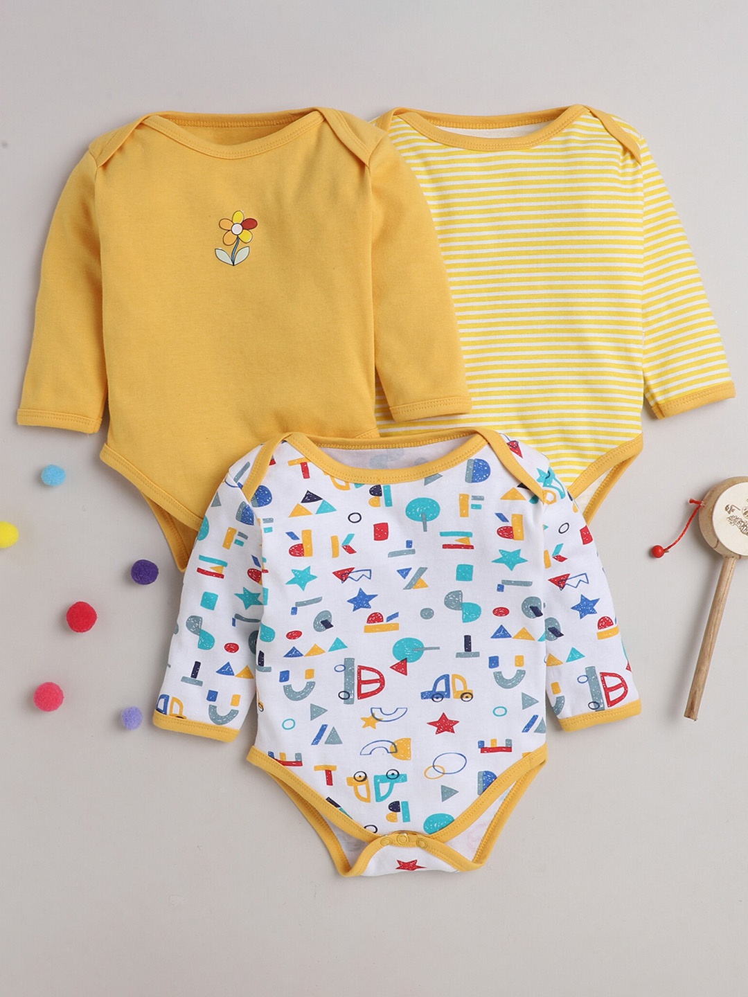 

BUMZEE Boys Pack Of 3 Yellow Printed Pure Cotton Bodysuits