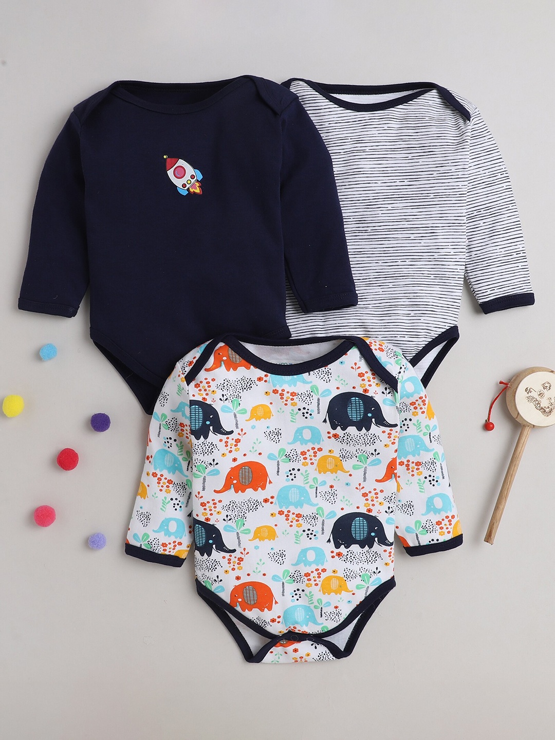 

BUMZEE Boys Pack Of 3 Navy Blue & White Printed Cotton Bodysuit