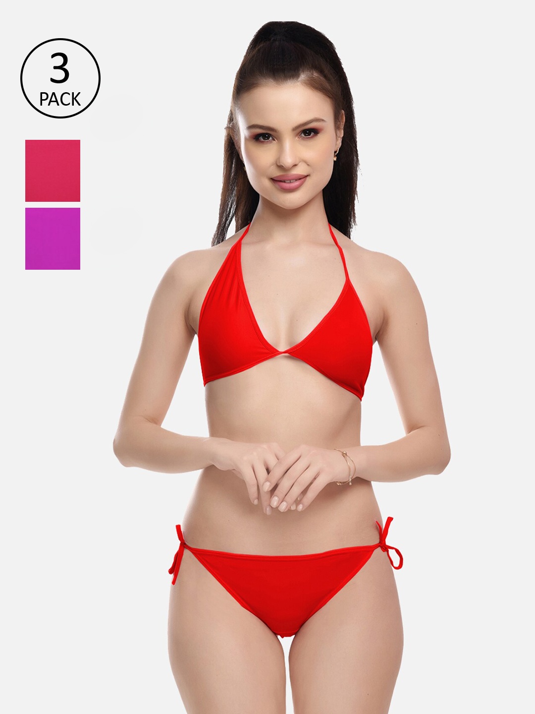 

FIMS Women Red & Purple Pack Of 3 Solid Lingerie Set, Pink