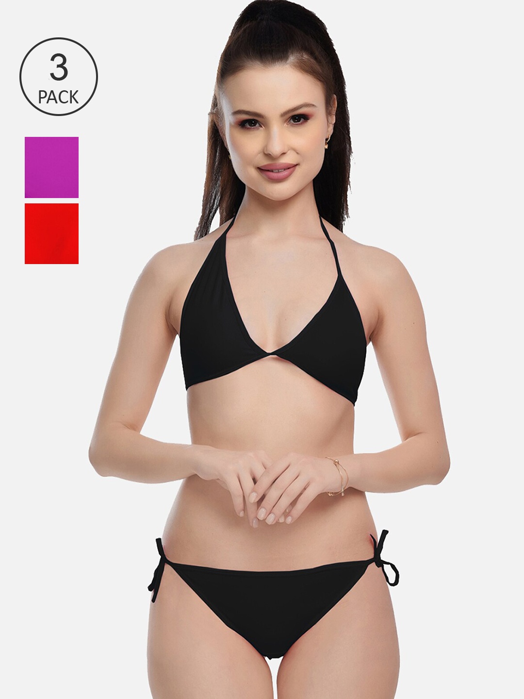 

FIMS Women Purple & Red Pack Of 3 Self-Design Solid Lingerie Set, Black