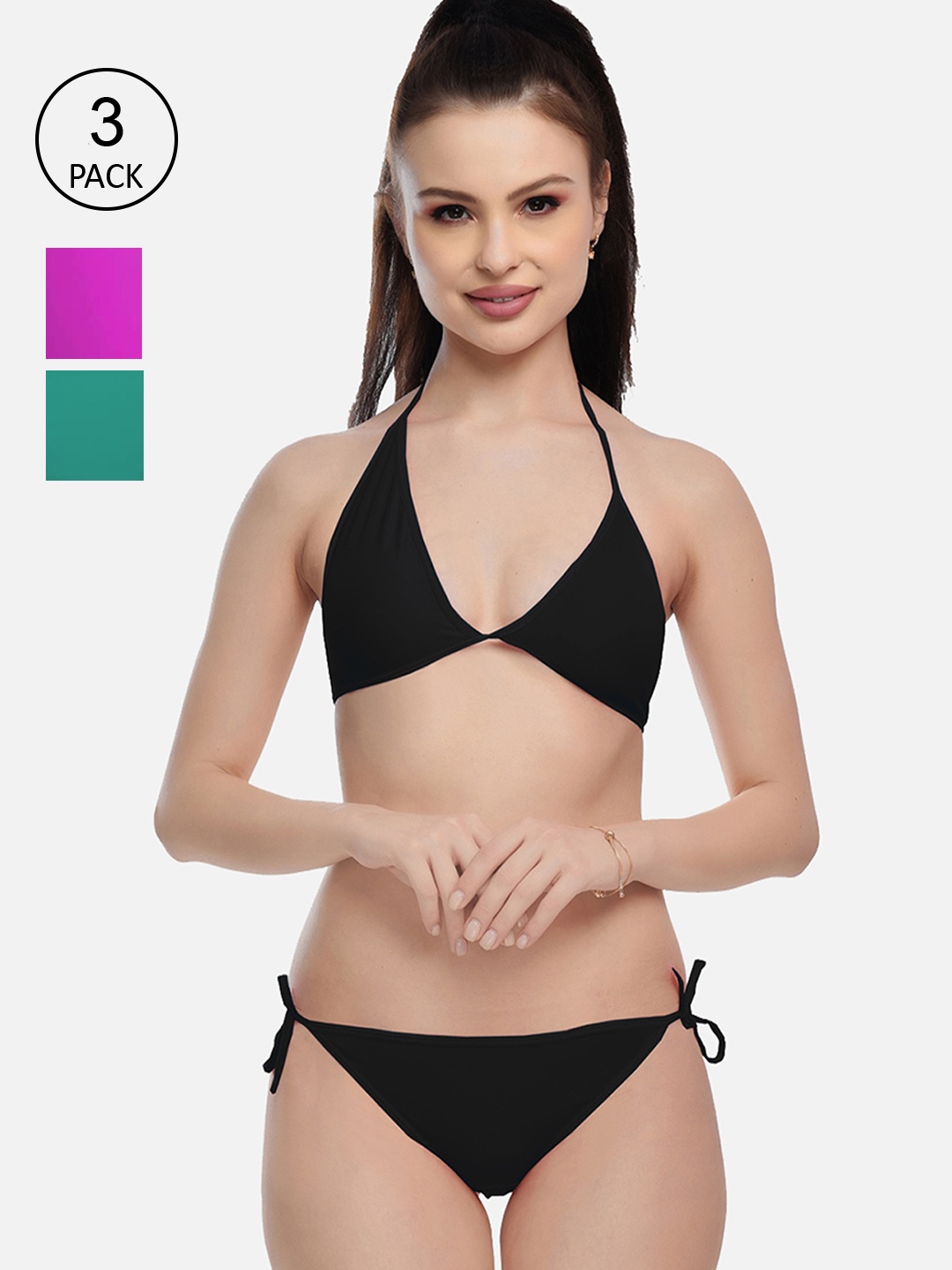 

FIMS Women Black & Purple Pack Of 3 Solid Lingerie Set