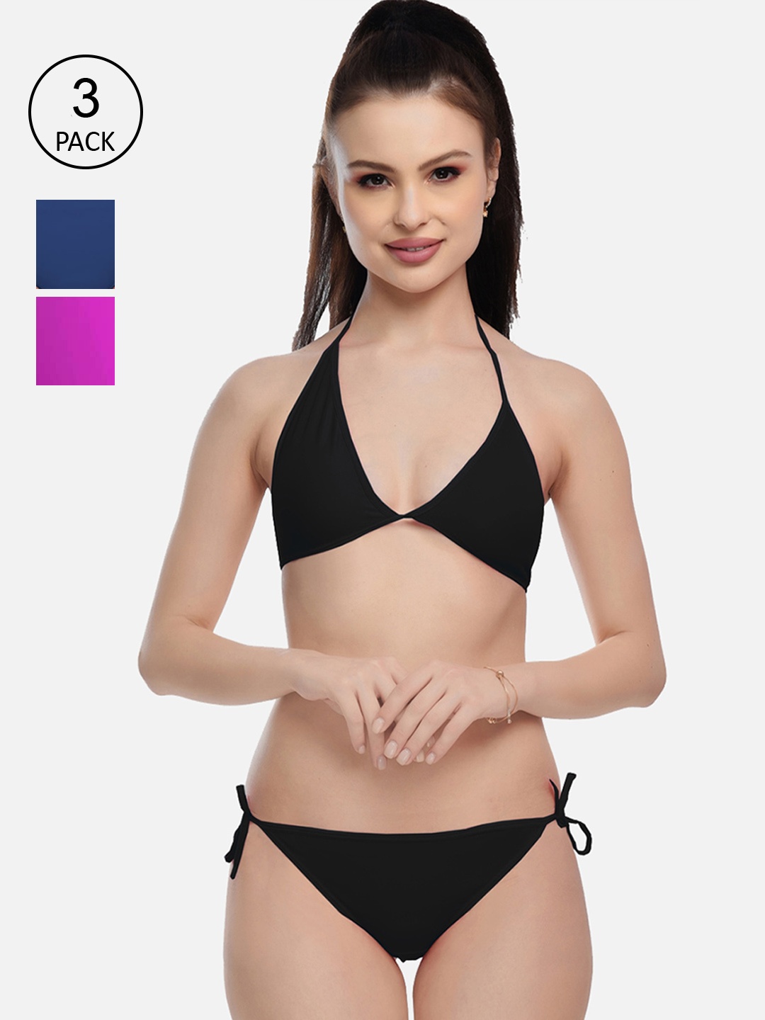 

FIMS Women Blue & Purple Pack Of 3 Solid Lingerie Set, Black