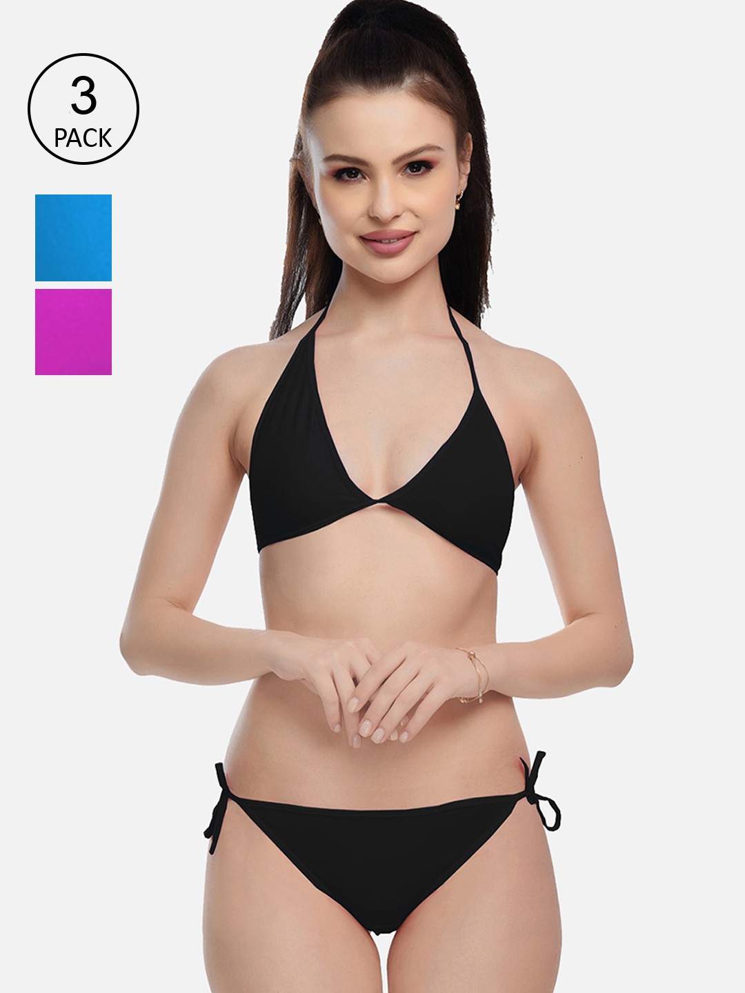 

FIMS Women Blue & Purple Pack Of 3 Solid Lingerie Set, Black