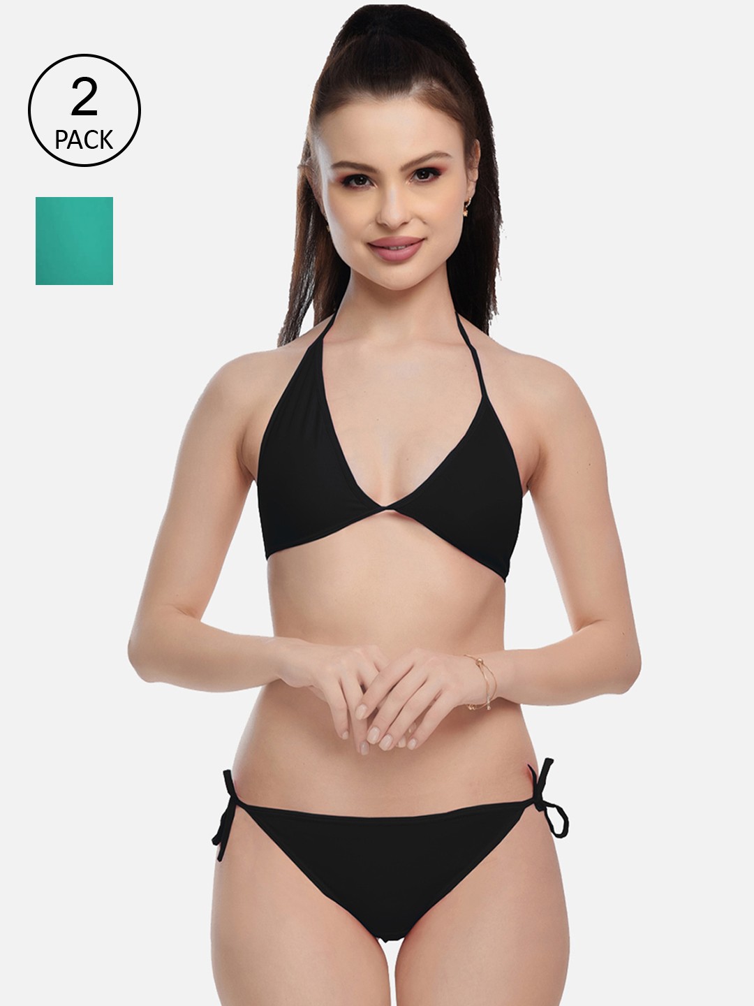 

FIMS Women Black & Green Pack Of 2 Solid Lingerie Set