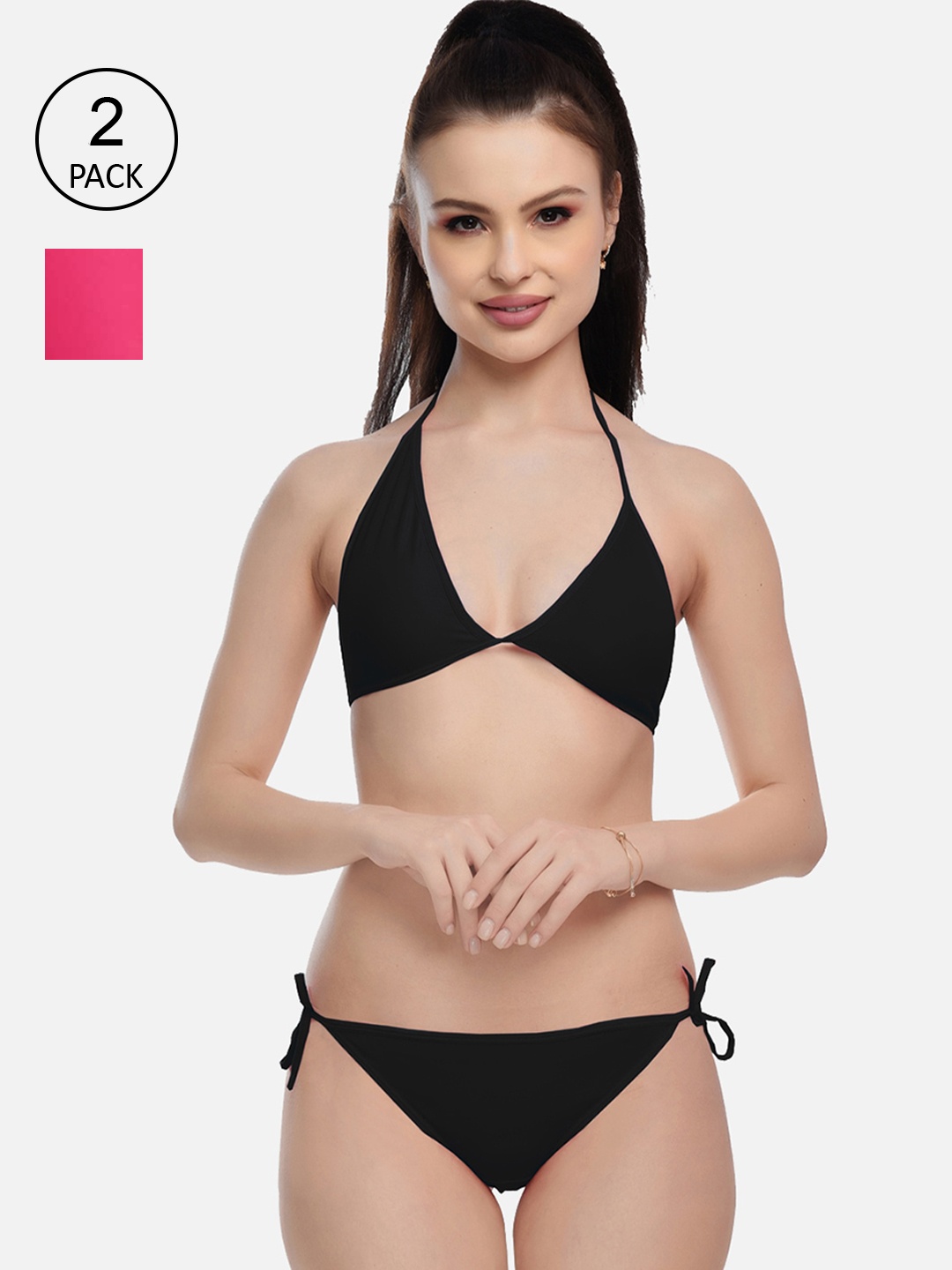 

FIMS Women Pack Of 2 Black & Pink Solid Lingerie Set