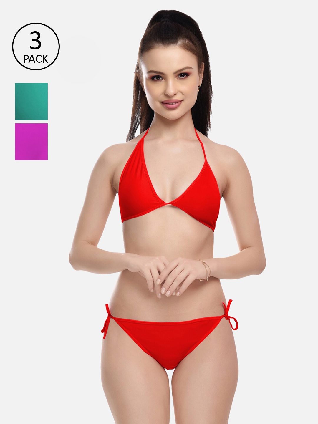 

FIMS Women Purple & Green Pack Of 3 Solid Lingerie Set, Red