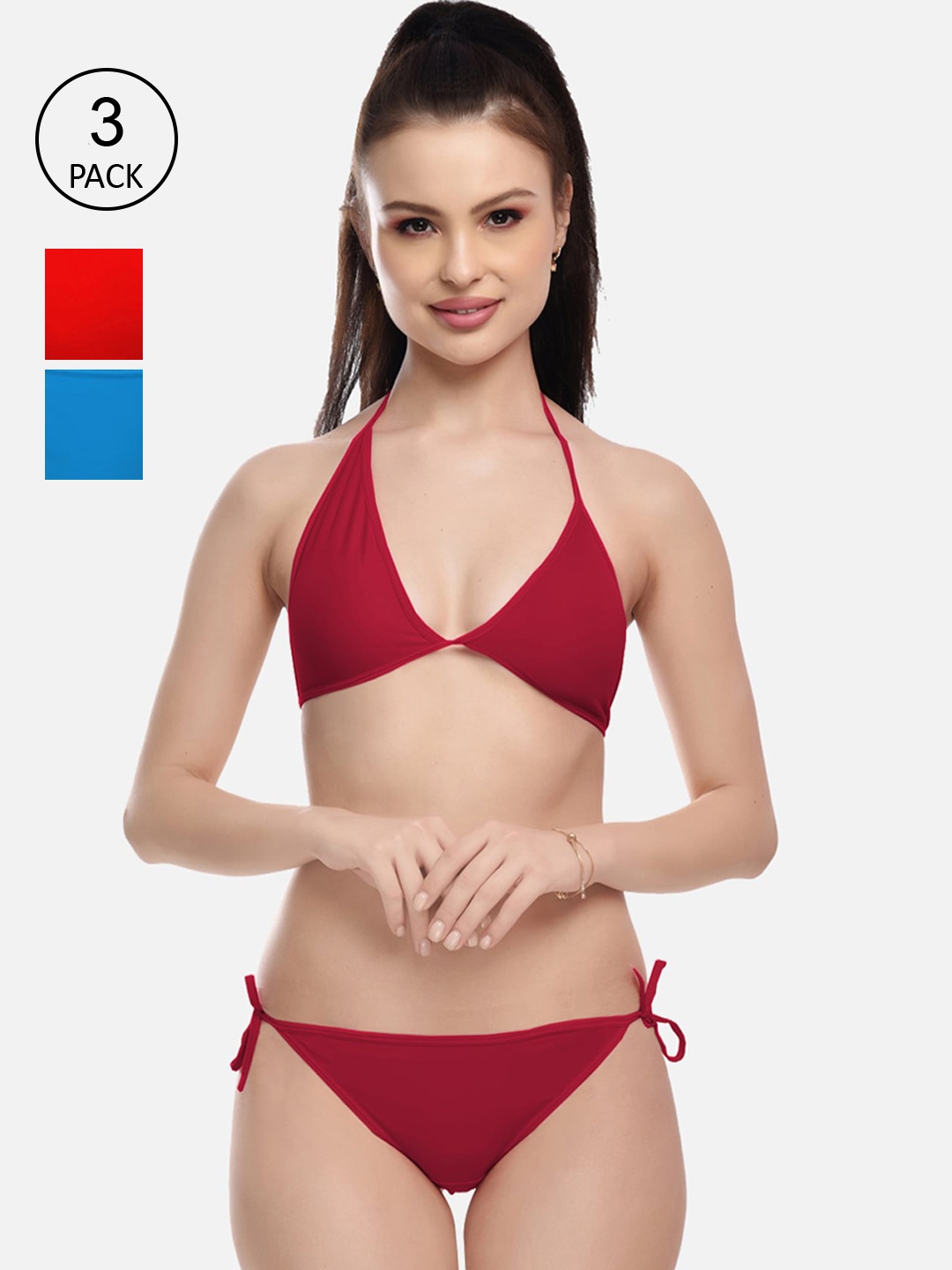 

FIMS Women Blue & Red Pack Of 3 Solid Lingerie Set