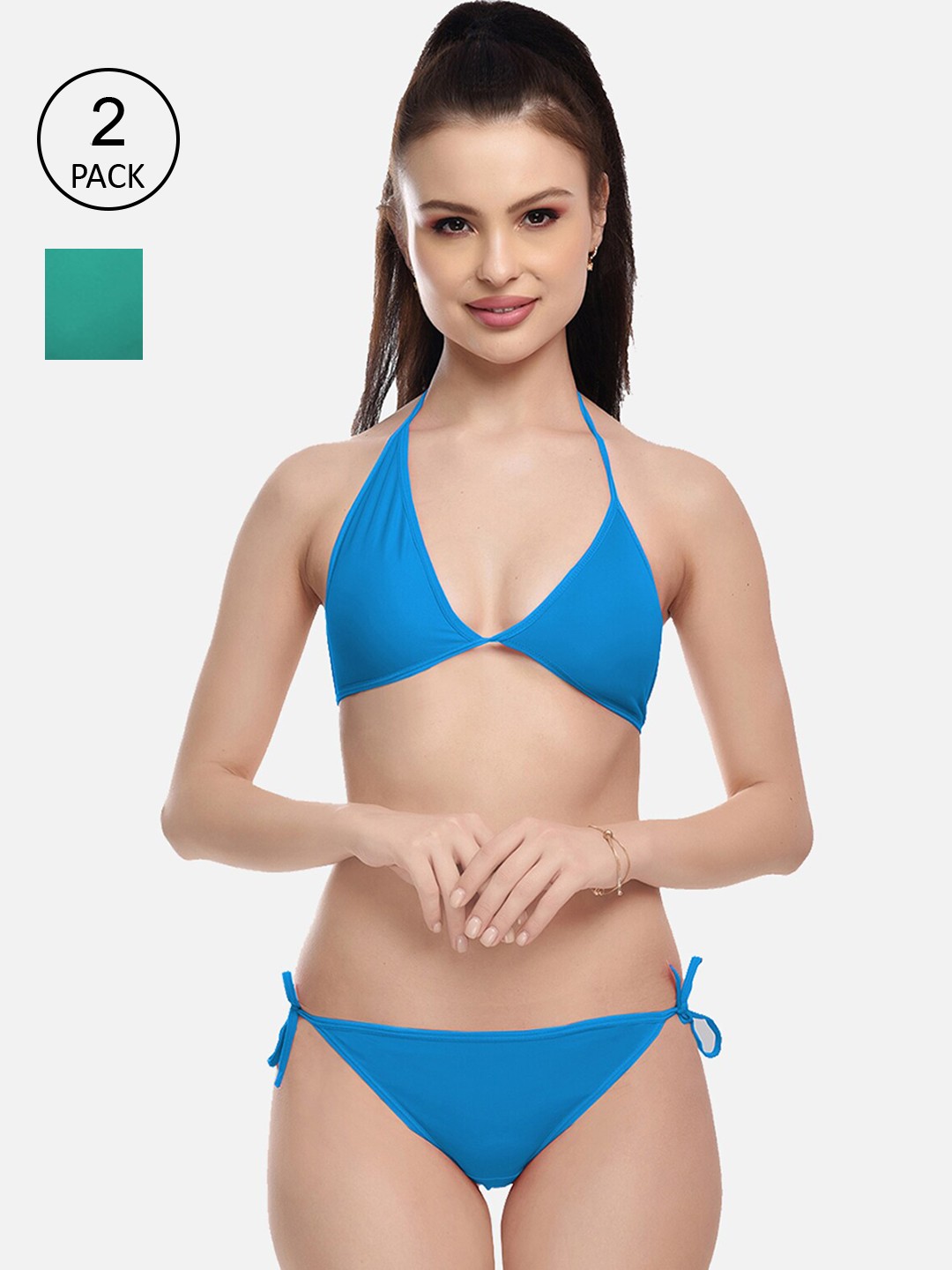 

FIMS Women Pack Of 2 Blue & Green Solid Lingerie Set