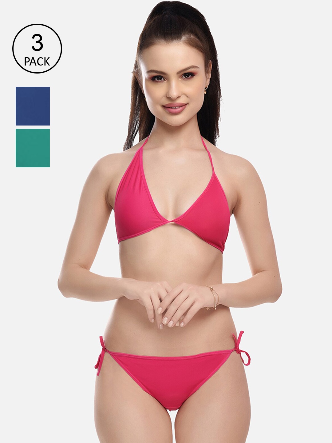 

FIMS Women Blue & Green Pack Of 3 Solid Lingerie Set, Pink