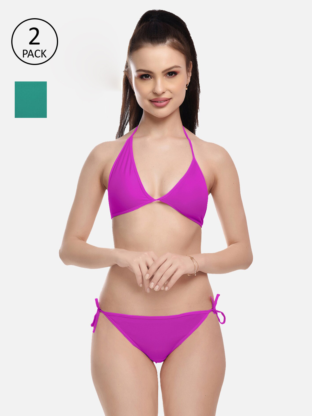 

FIMS Women Purple & Green Pack Of 2 Solid Lingerie Set