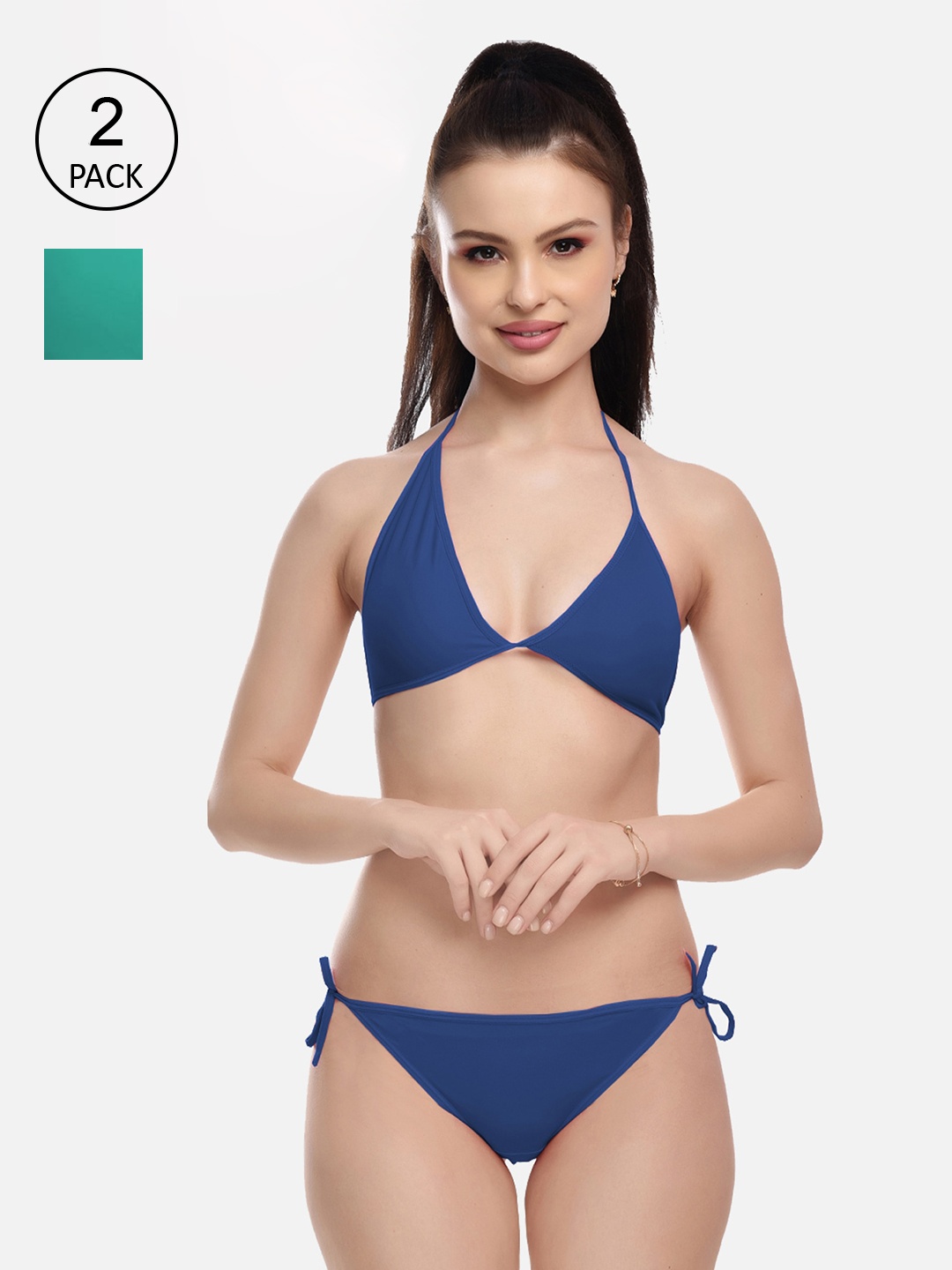

FIMS Women Pack Of 2 Navy Blue & Green Solid Lingerie Set