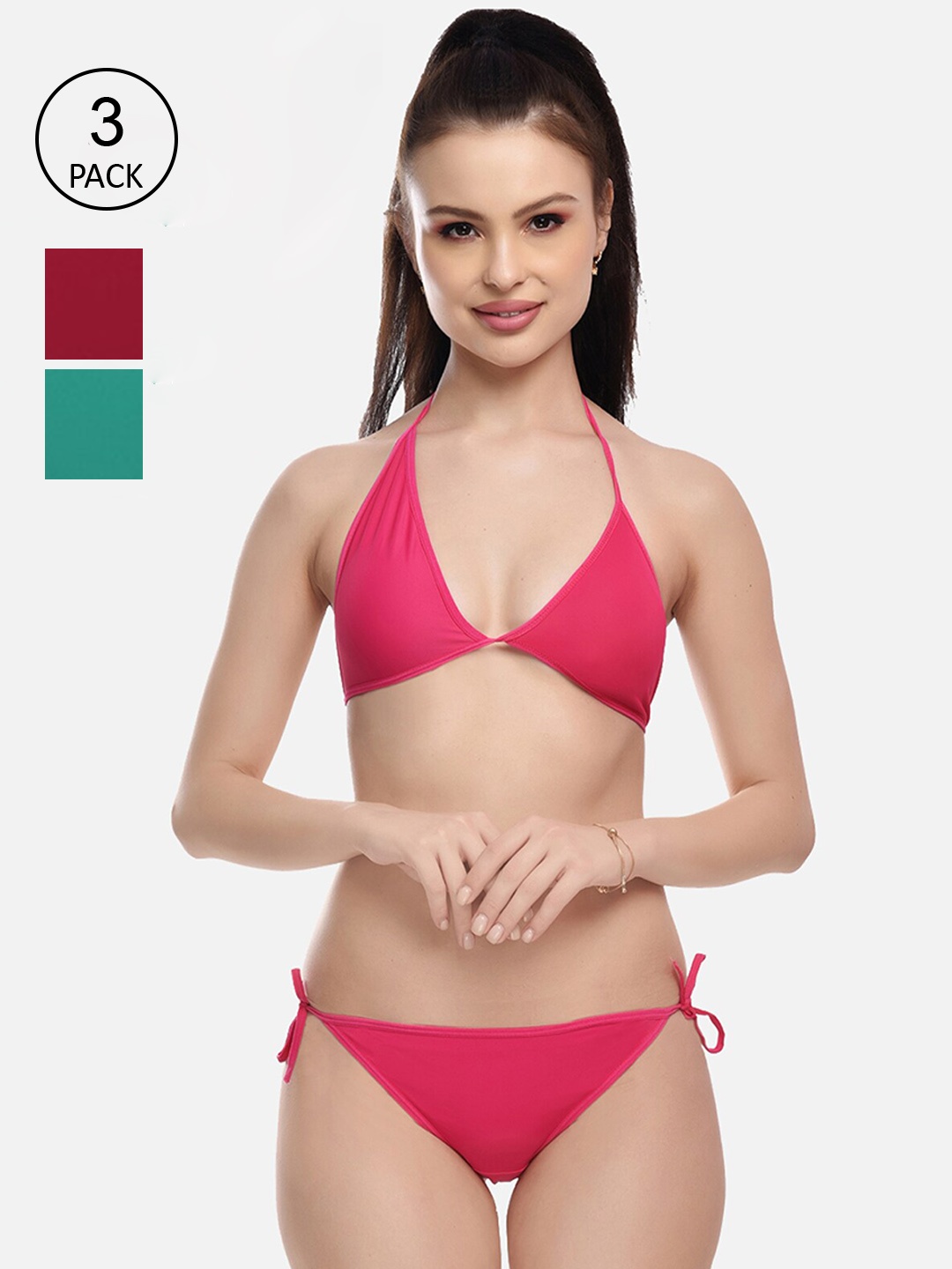 

FIMS Women Pink & Green Pack Of 3 Solid Lingerie Set