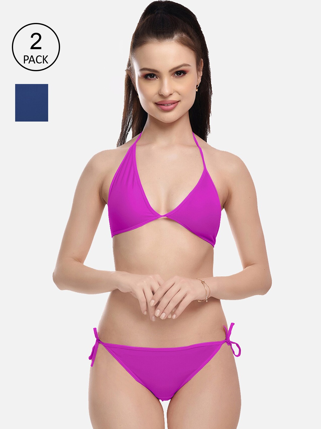 

FIMS Women Blue & Purple Pack Of 2 Solid Lingerie Set, Navy blue