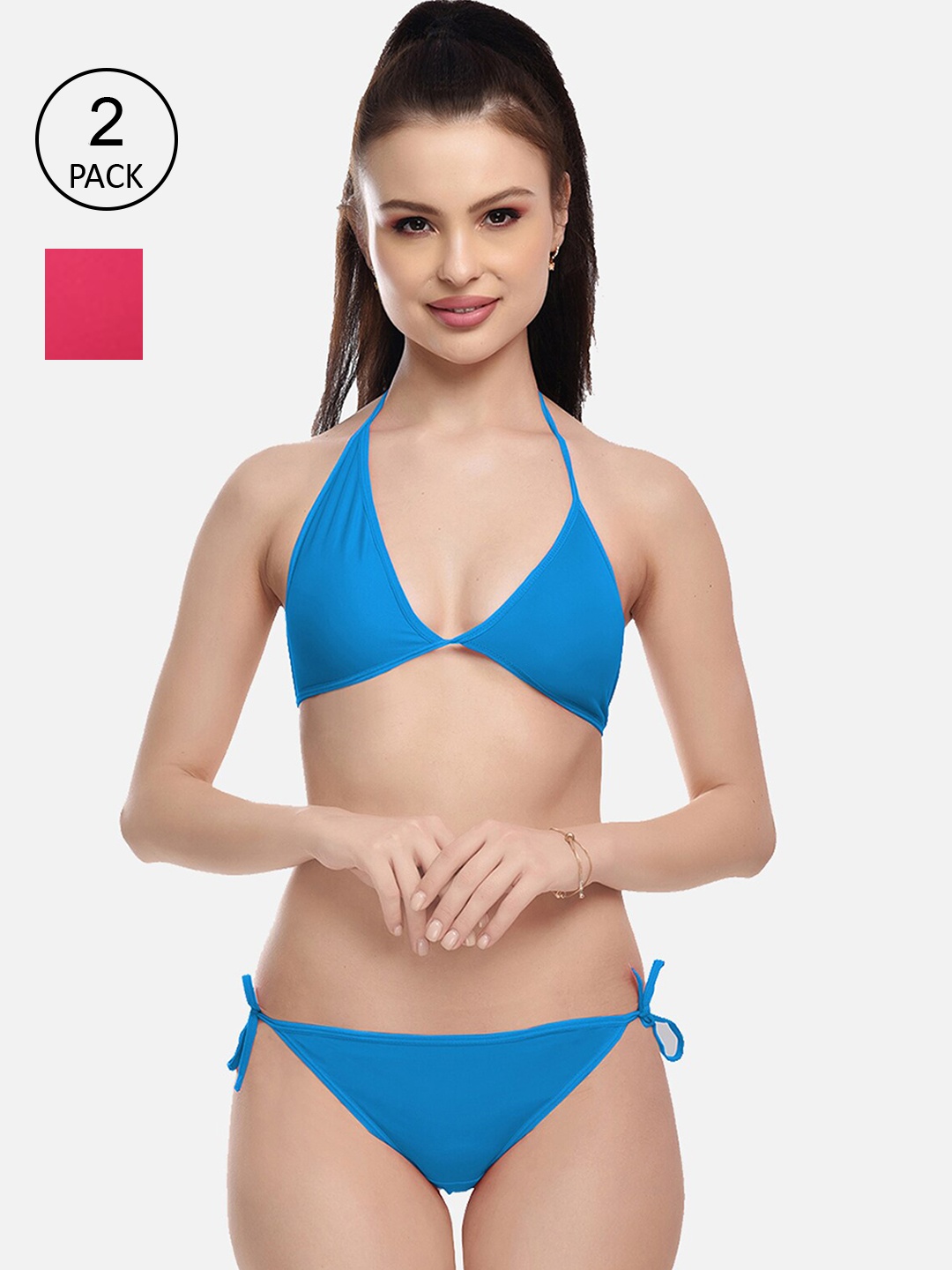 

FIMS Women Pack Of 2 Pink & Blue Solid Lingerie Set