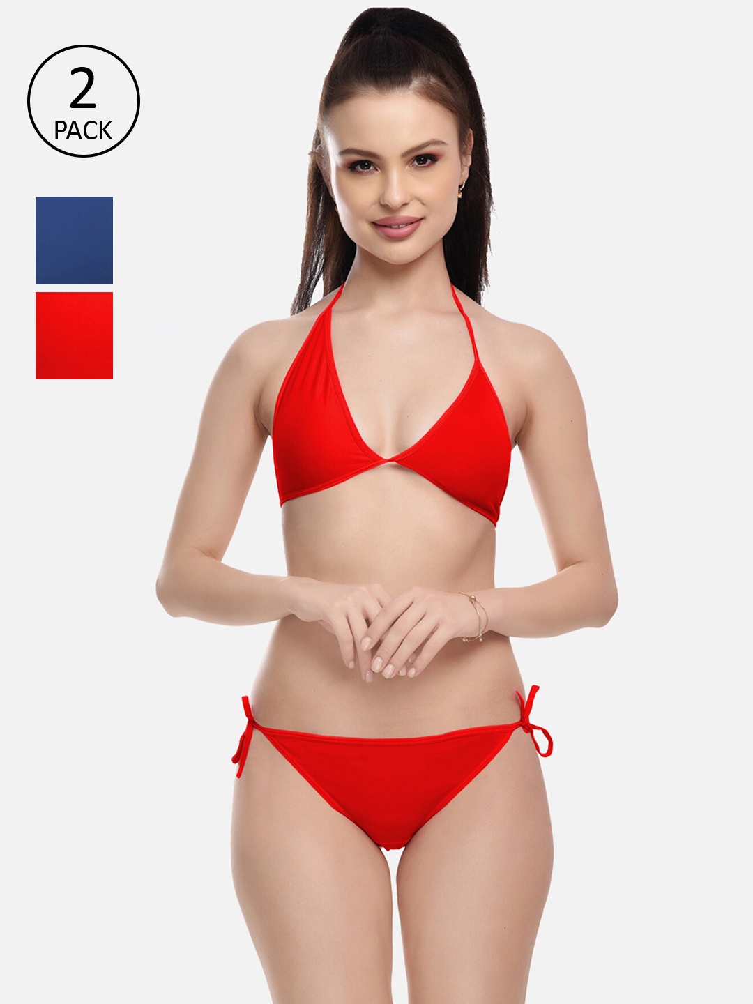 

FIMS Women Blue & Red Pack Of 3 Solid Lingerie Set