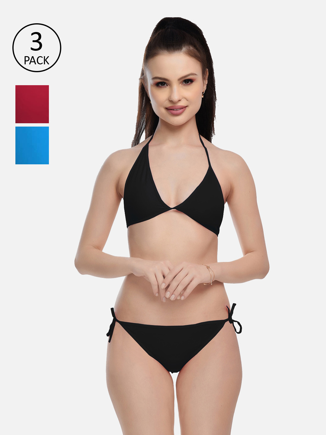 

FIMS Women Maroon & Blue Pack Of 3 Solid Satin Bikini Lingerie Set, Black