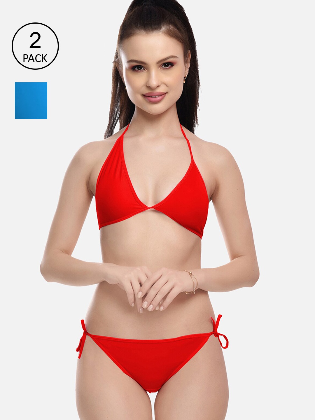 

FIMS Women Red & Blue Pack Of 2 Solid Lingerie Set