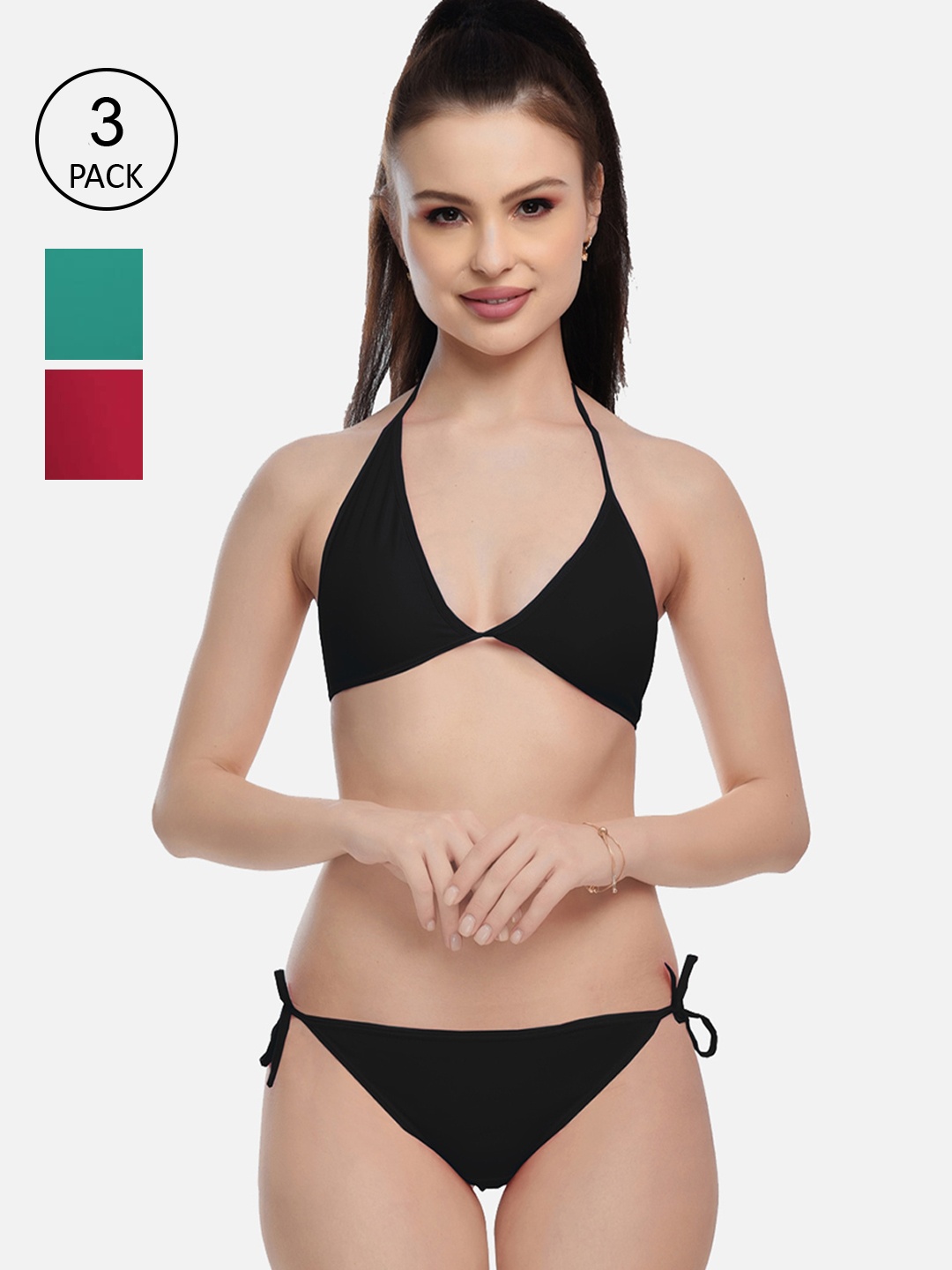 

FIMS Women Green & Red Pack Of 3 Solid Lingerie Set, Black
