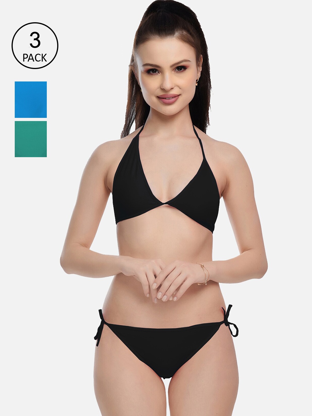 

FIMS Women Blue & Green Pack Of 3 Solid Lingerie Set, Black
