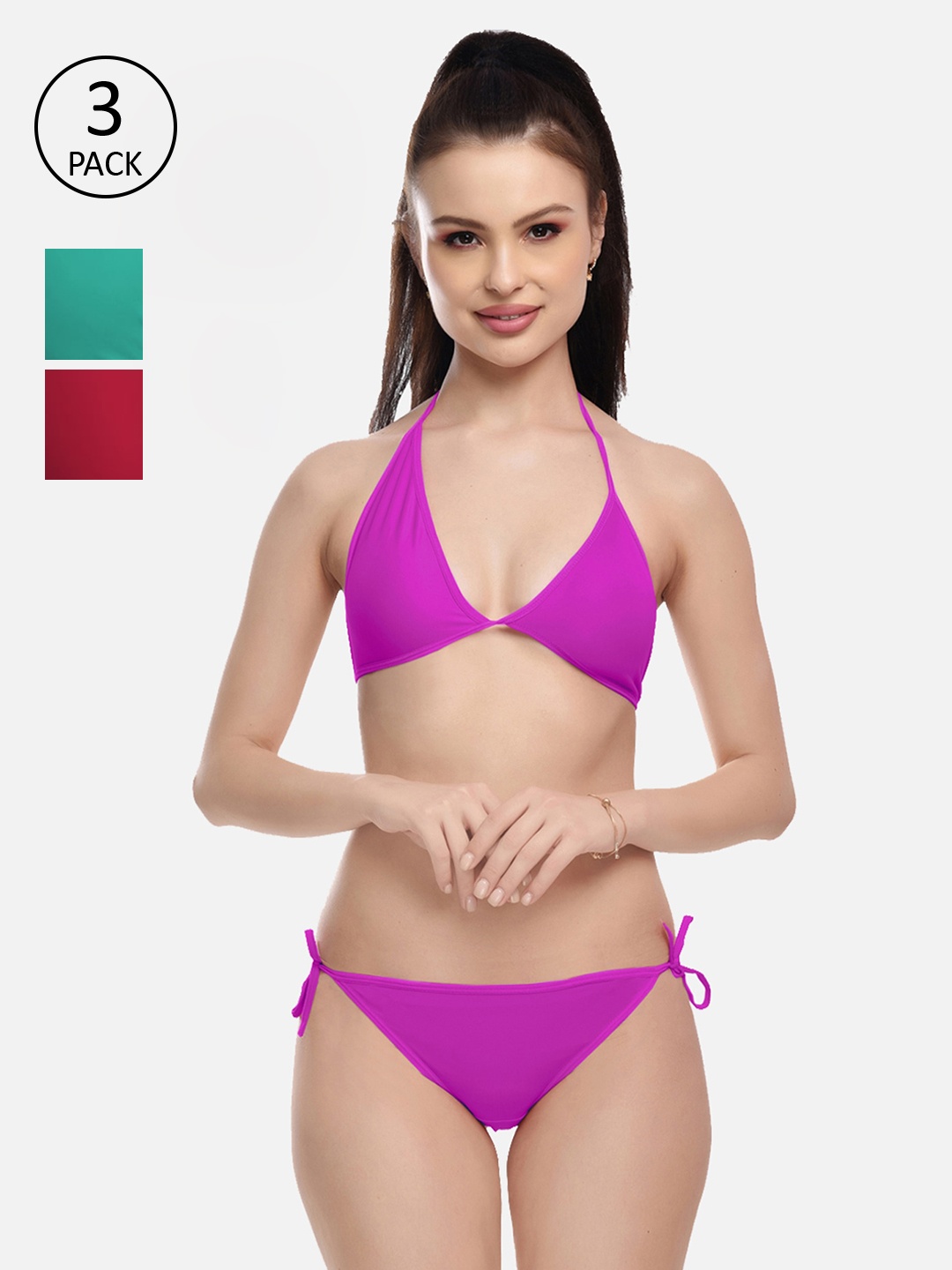 

FIMS Women Purple & Green Pack Of 3 Self Design Solid Lingerie Set