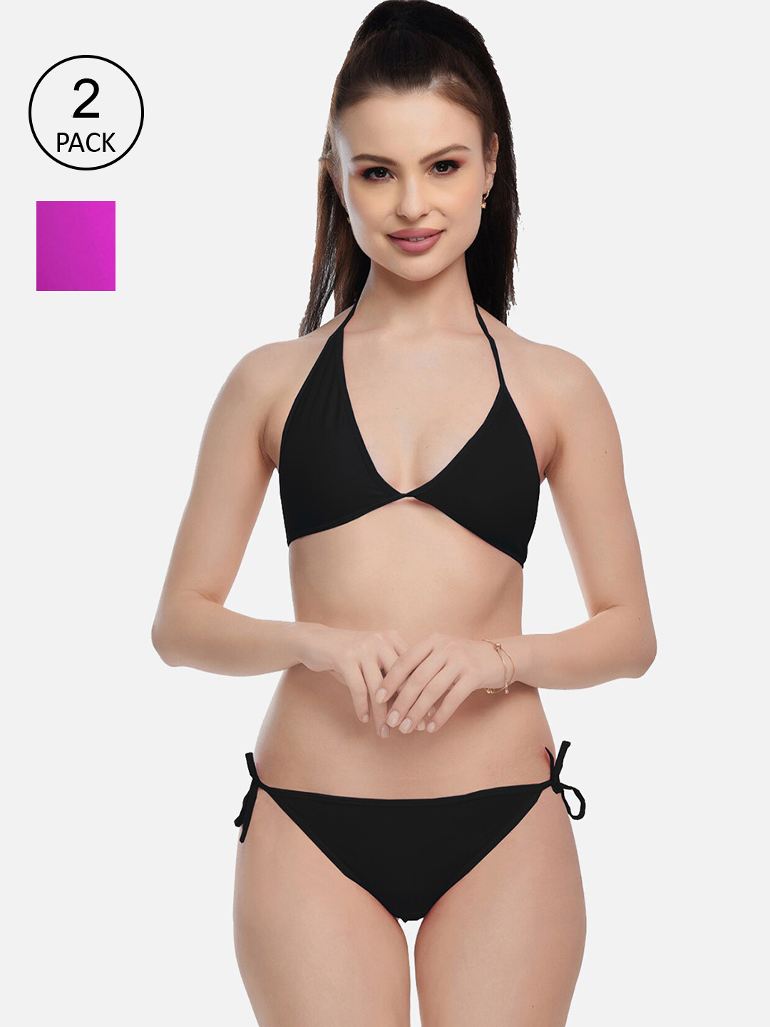 

FIMS Women Purple & Black Pack Of 2 Solid Lingerie Set