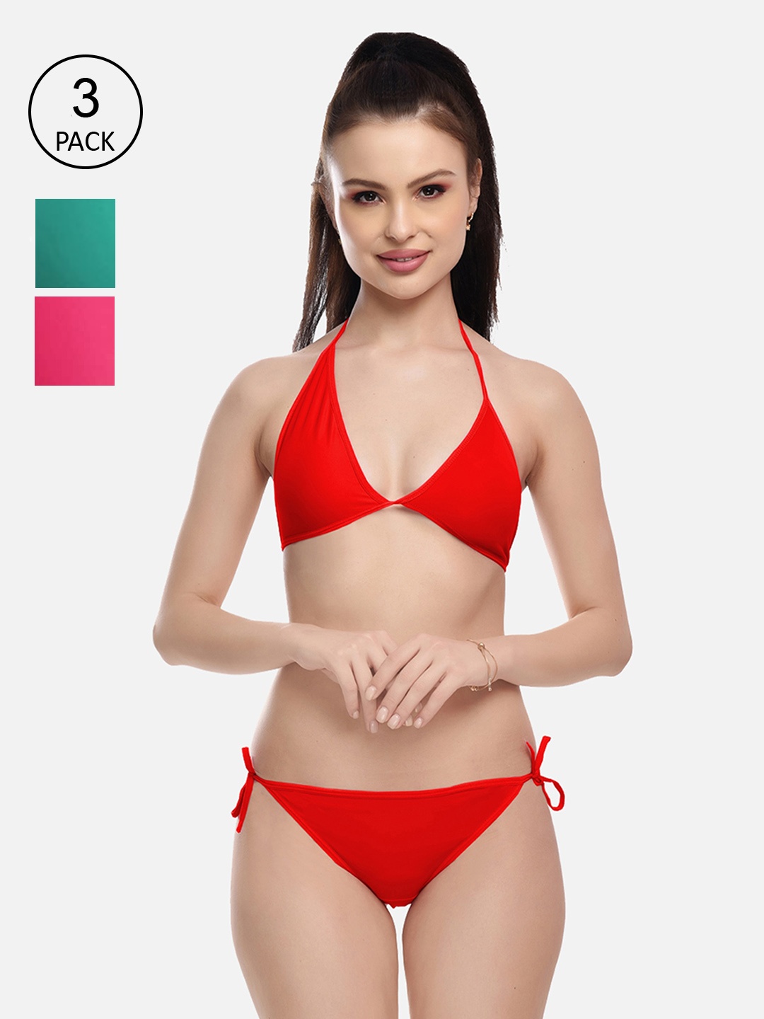 

FIMS Women Green & Red Pack Of 3 Solid Lingerie Set, Pink
