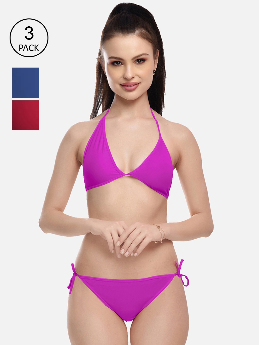 

FIMS Women Blue & Purple Pack Of 3 Solid Lingerie Set, Navy blue