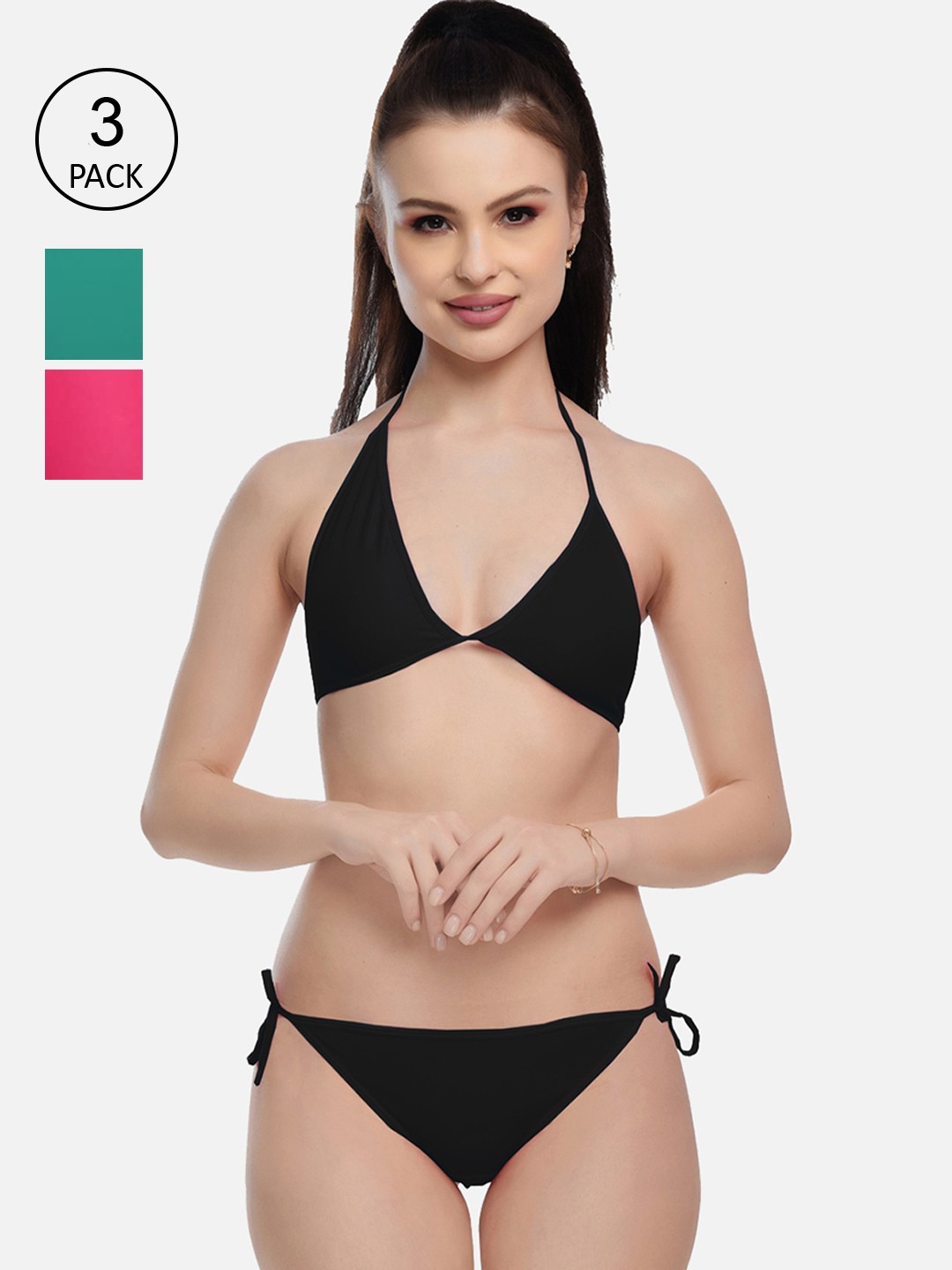 

FIMS Women Pink & Green Pack Of 3 Solid Lingerie Set, Black