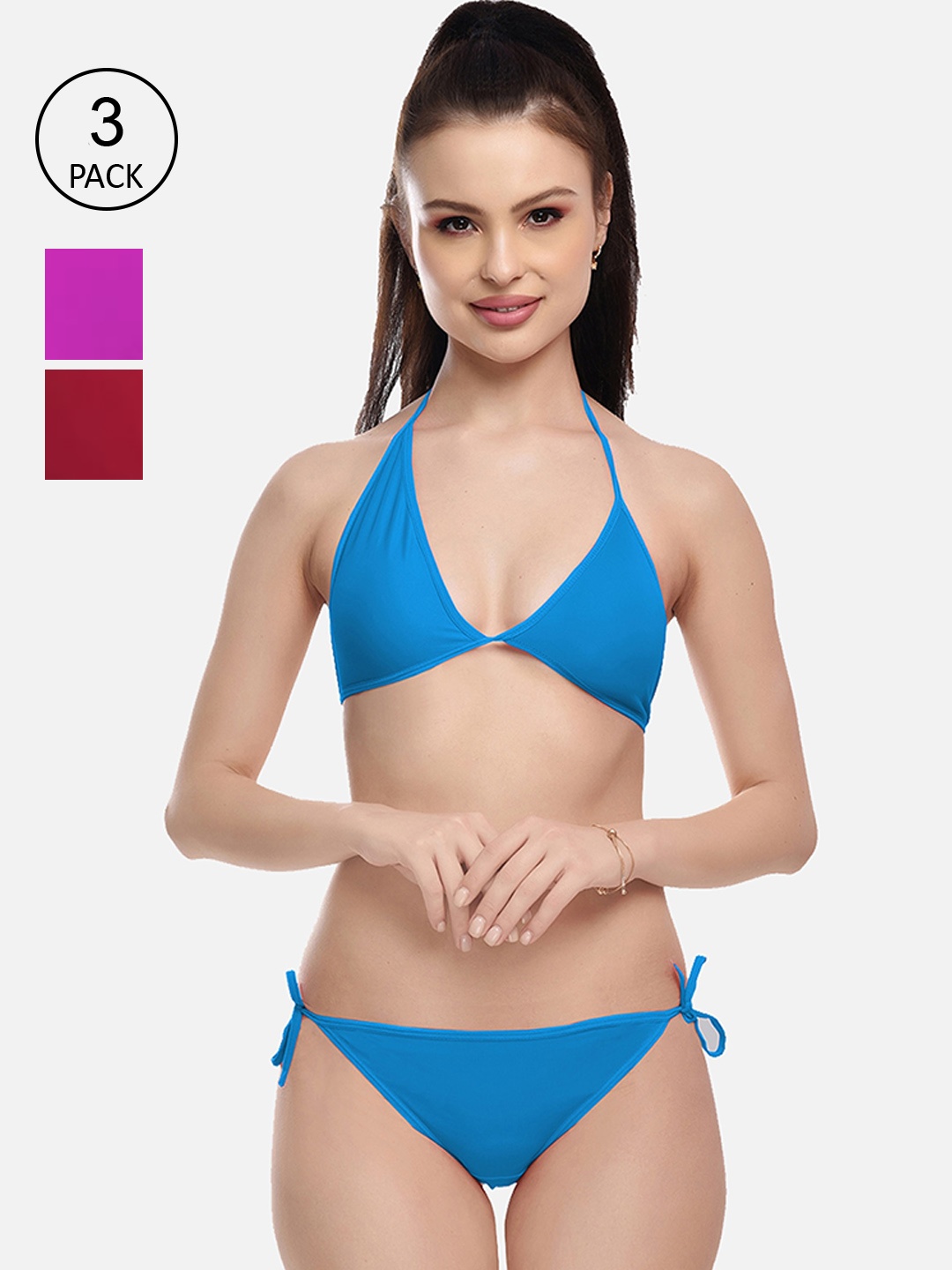 

FIMS Women Pink & Blue Set of 3 Solid Lingerie Set