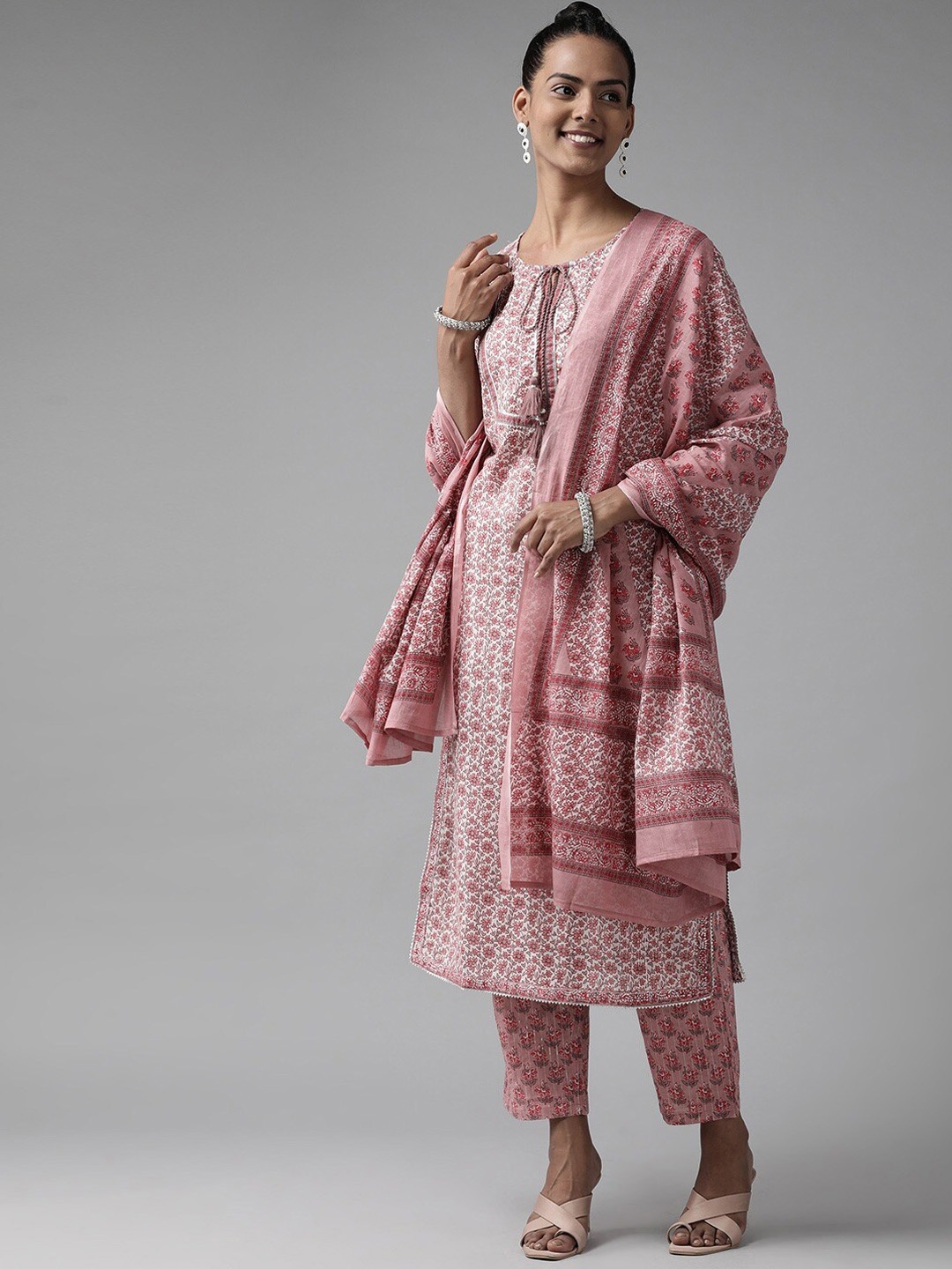 

Yufta Women White & Pink Floral Printed Pure Cotton Kurta with Trousers & Dupatta