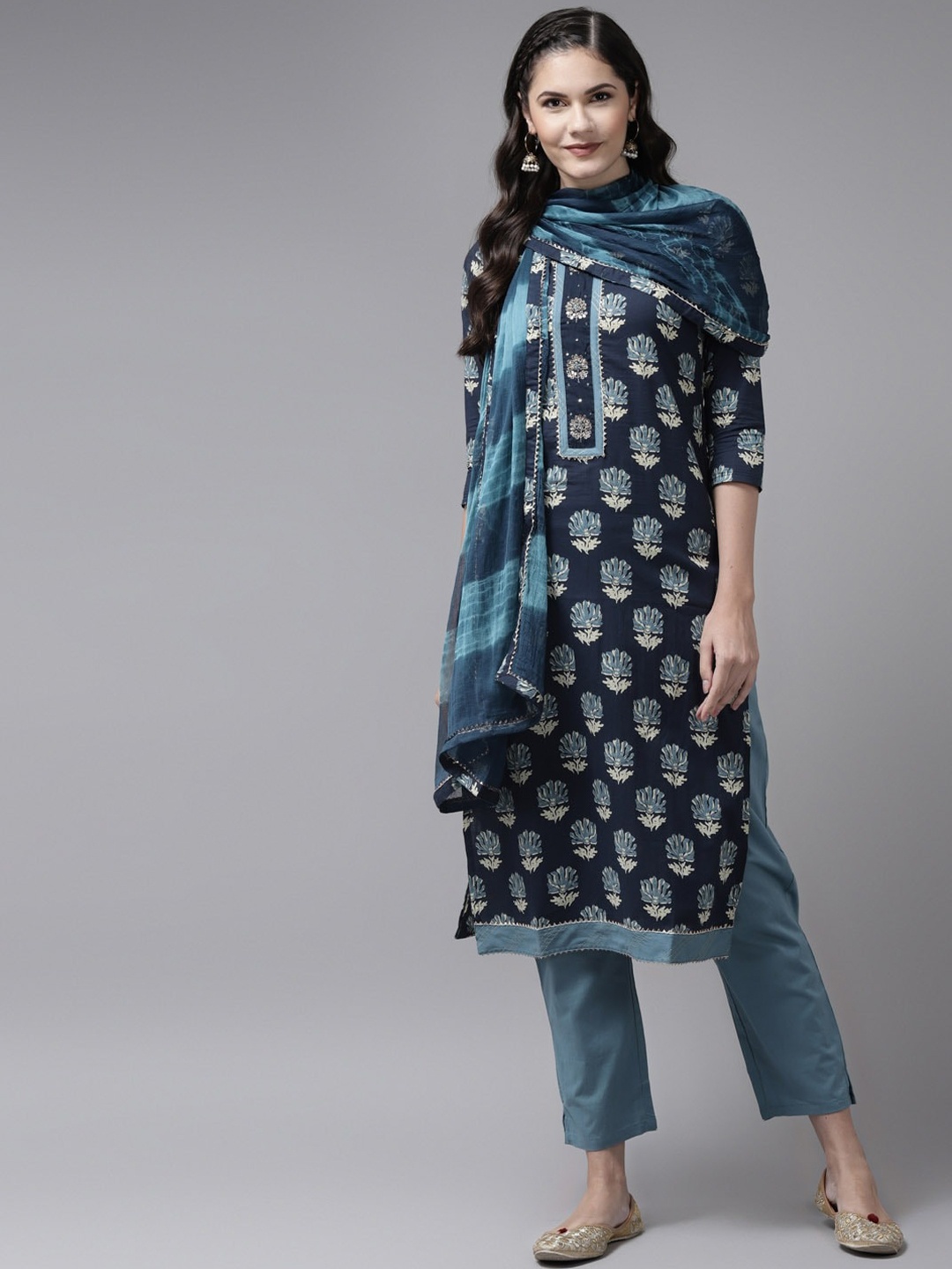 

Yufta Women Teal Ethnic Motifs Printed Pure Cotton Kurta with Palazzos & With Dupatta