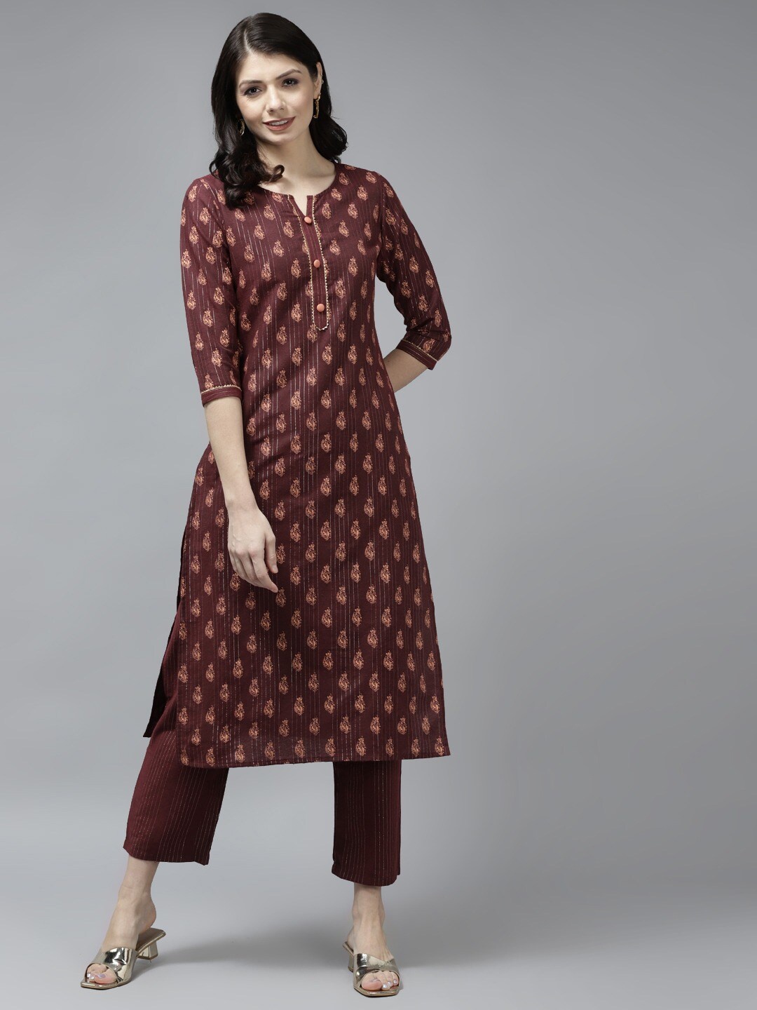 

Yufta Women Brown Ethnic Motifs Printed Gotta Patti Kurta with Trousers