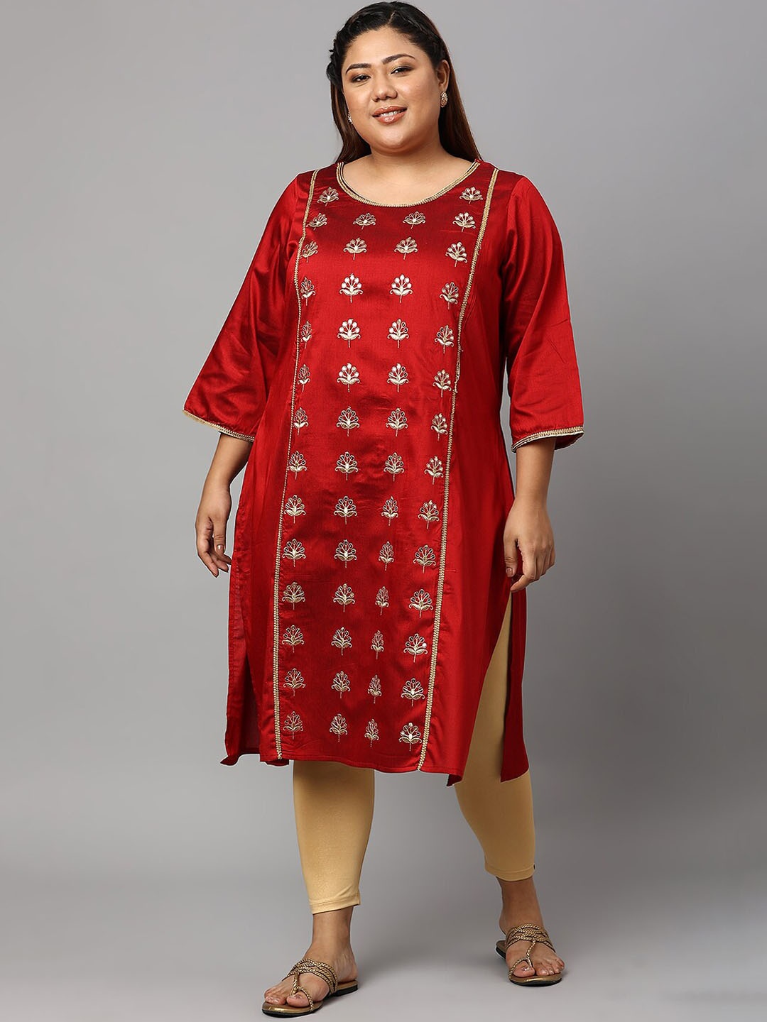 

AURELIA Plus Size Women Red Ethnic Motifs Embroidered Straight Fit Kurta