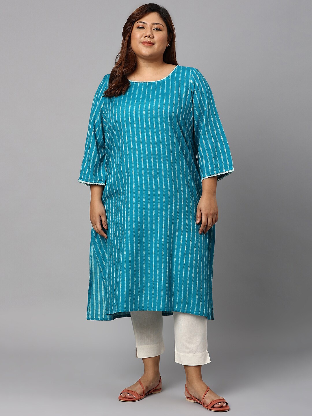 

AURELIA Women Blue Striped Printed Thread Work Straight Fit Kurta
