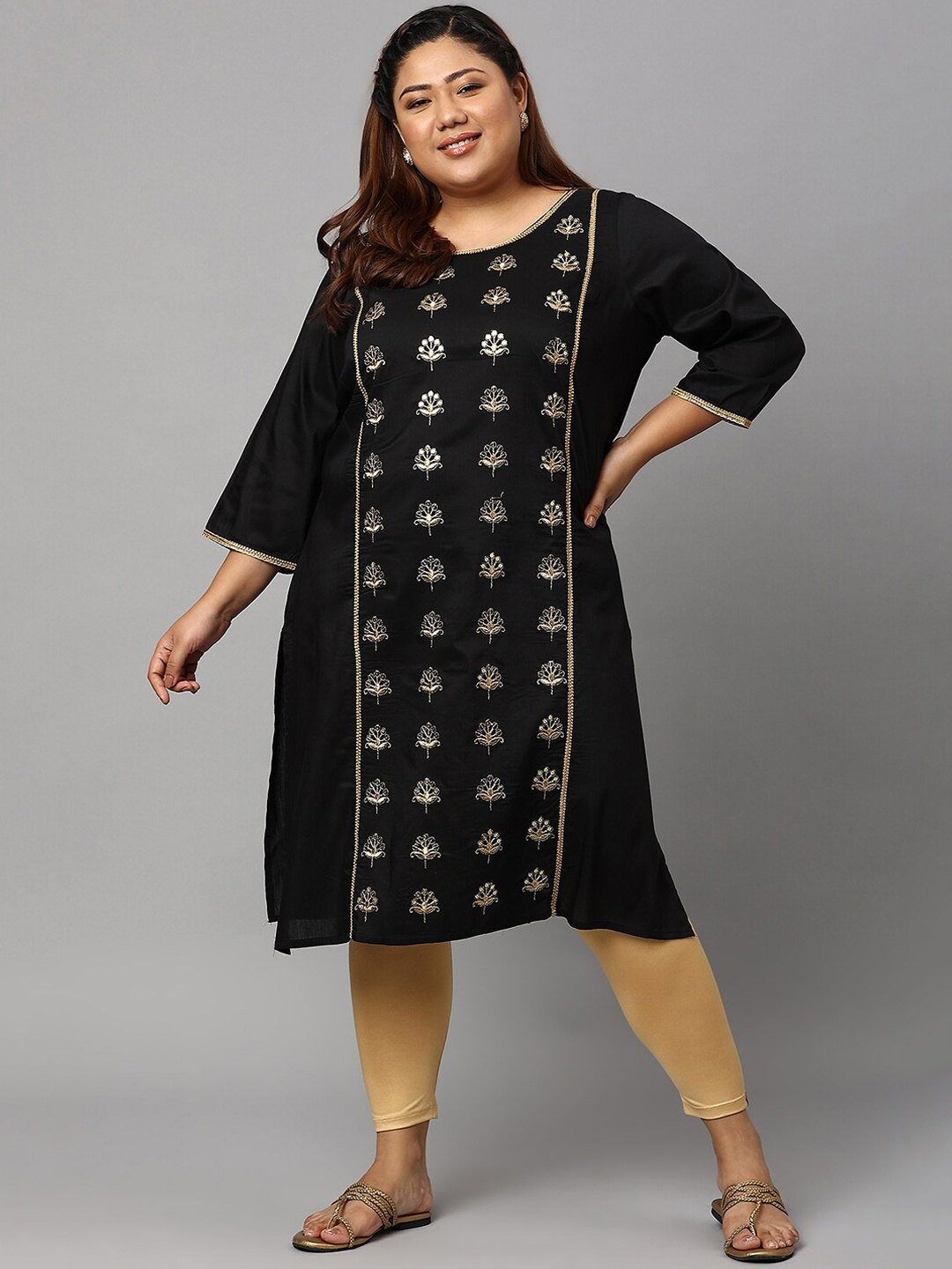 AURELIA Women Black Ethnic Motifs Embroidered Straight Fit Kurta