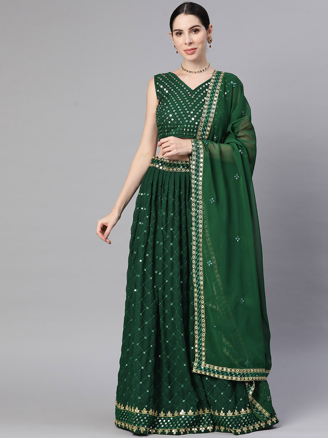 

Readiprint Fashions Women Embroidered Sequined Unstitched Lehenga & Blouse With Dupatta, Green