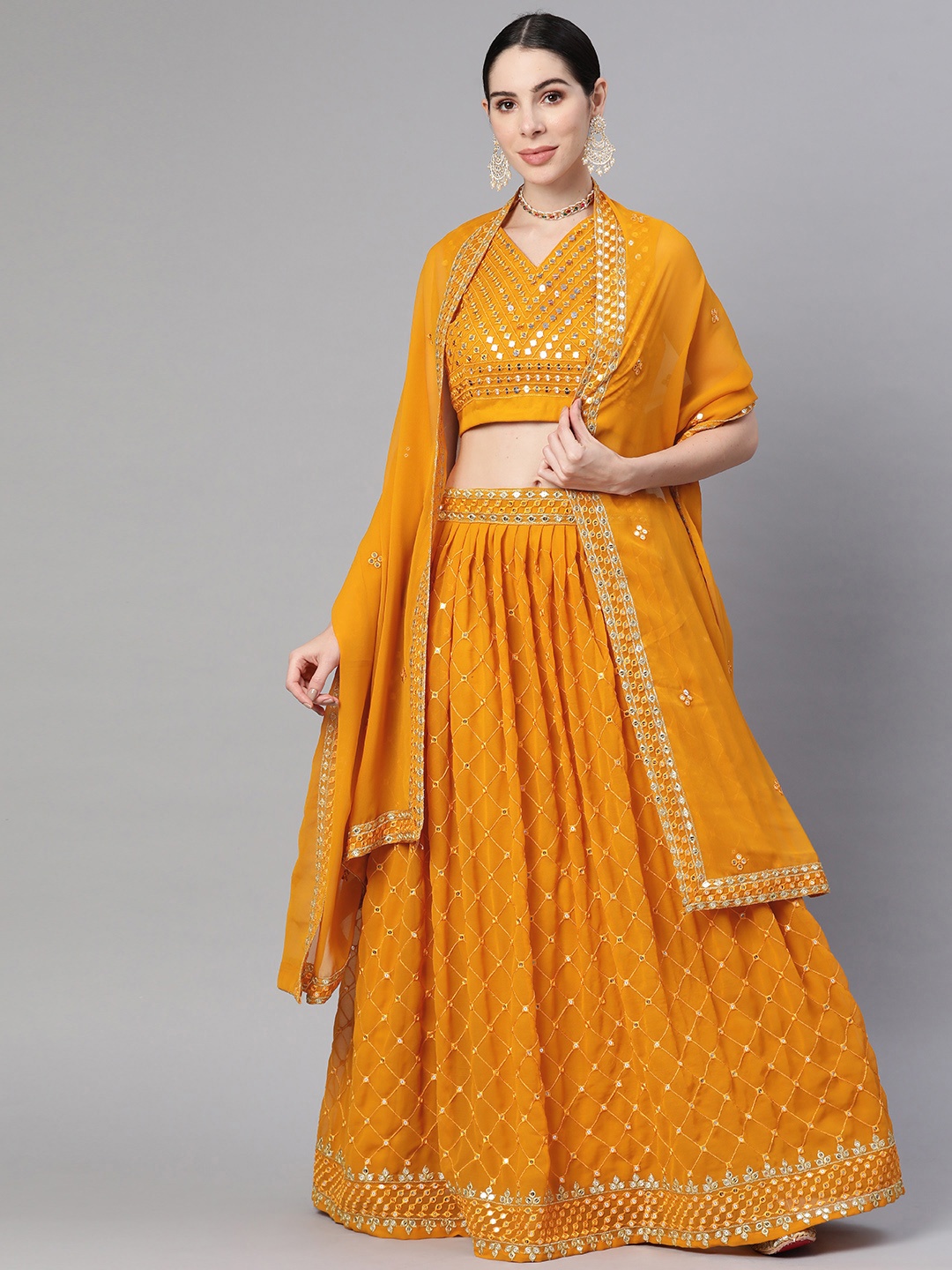 

Readiprint Fashions Women Mustard Embroidered Unstitched Lehenga & Blouse With Dupatta