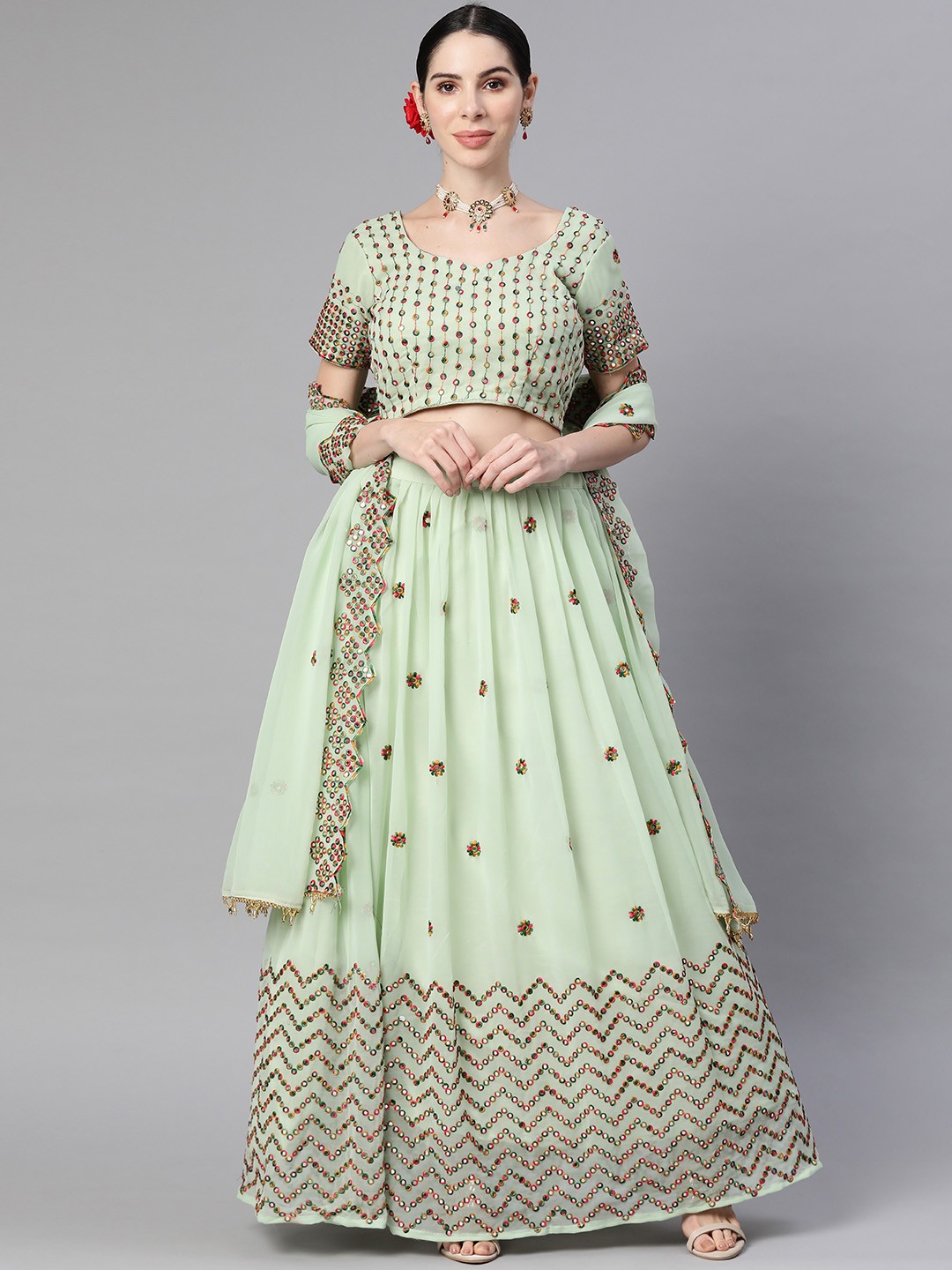 

Readiprint Fashions Women Sage Green Embroidered Unstitched Lehenga & Blouse With Dupatta