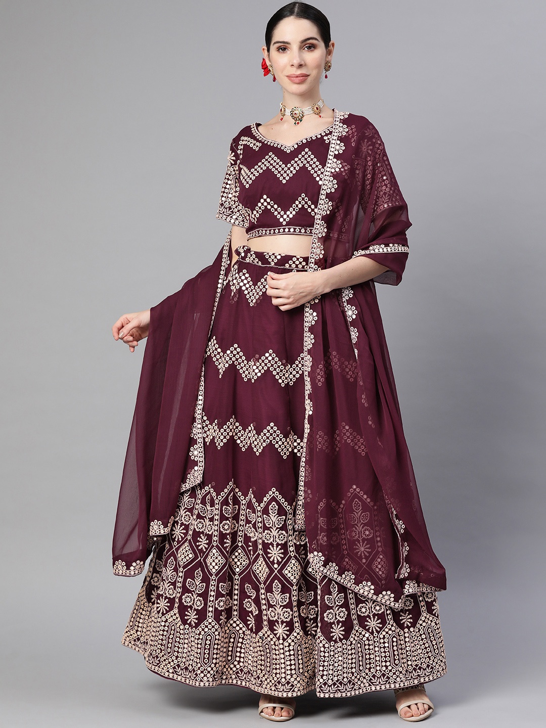 

Readiprint Fashions Women Violet Embroidered Unstitched Lehenga & Blouse With Dupatta
