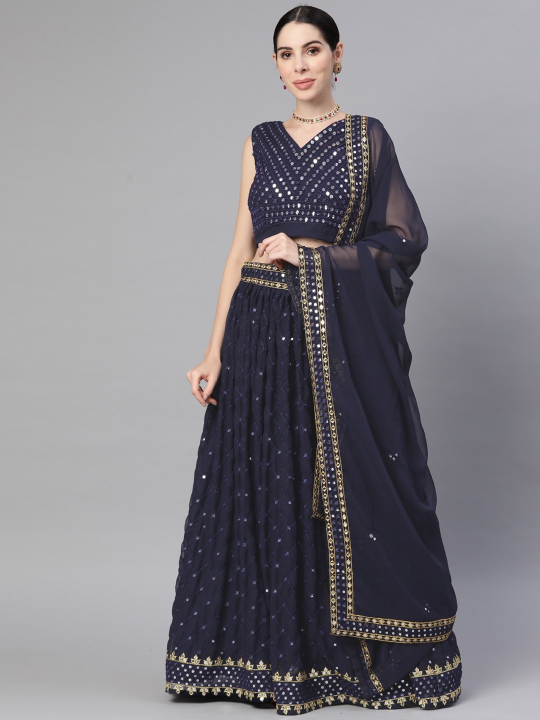 

Readiprint Fashions Women Navy Blue Embroidered Unstitched Lehenga & Blouse With Dupatta