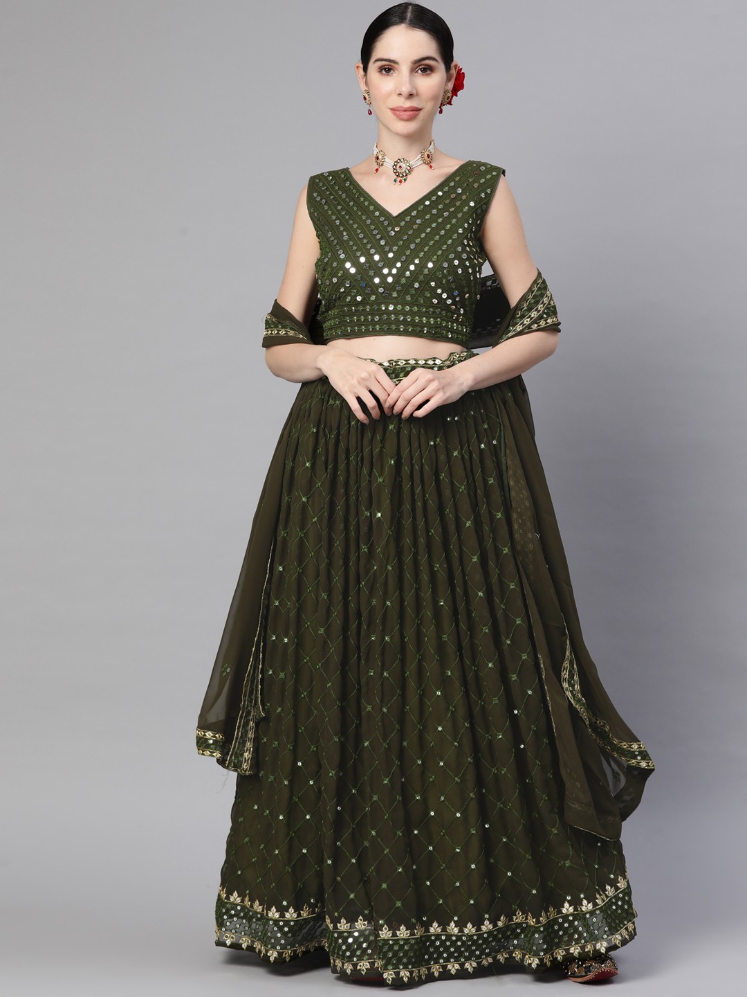 

Readiprint Fashions Women Olive Green Embroidered Unstitched Lehenga & Blouse With Dupatta