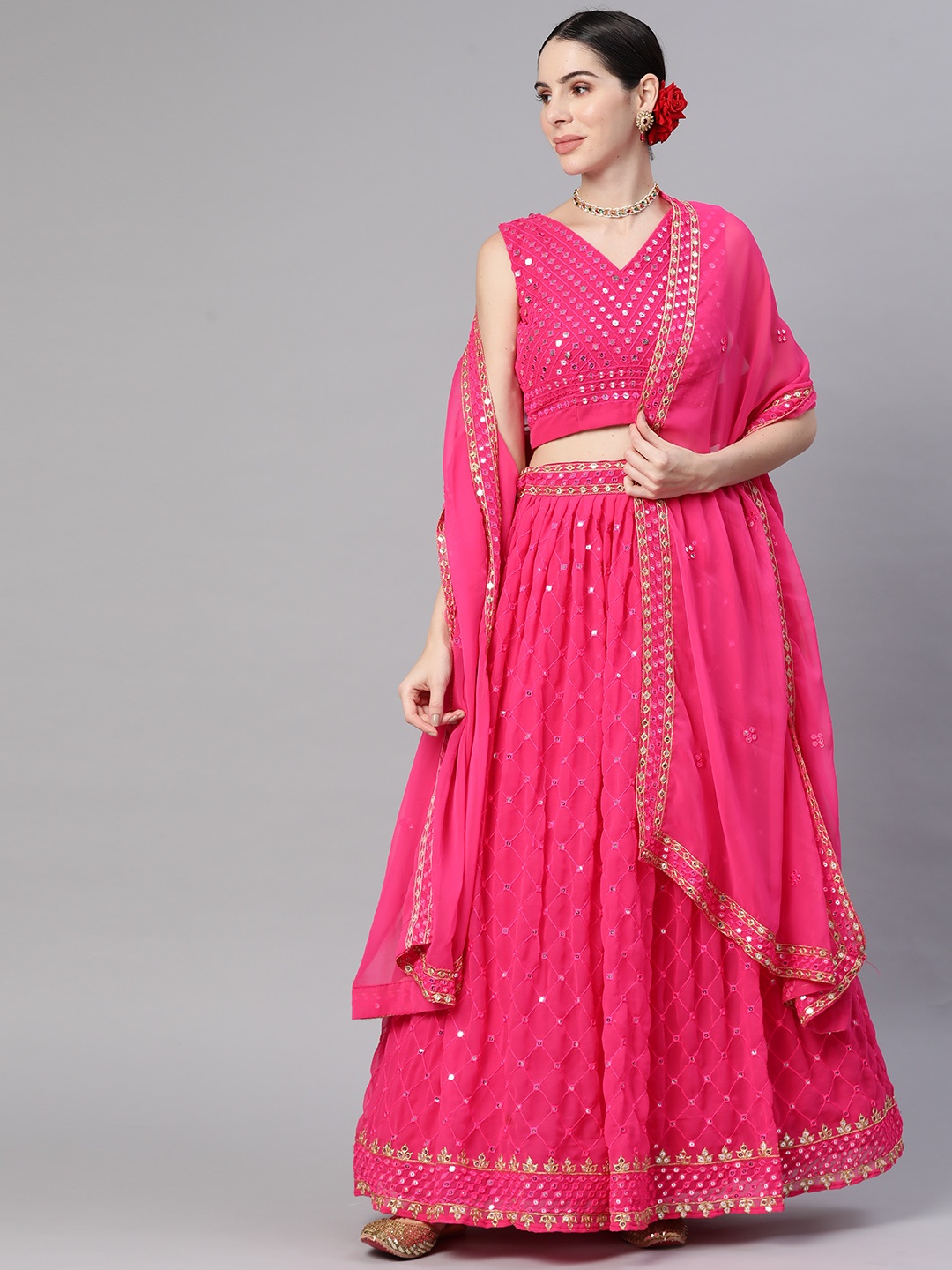 

Readiprint Fashions Women Magenta Embroidered Unstitched Lehenga & Blouse With Dupatta