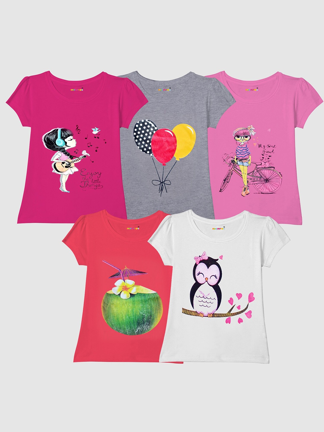 

KUCHIPOO Girls 5 Graphic Printed Puff Sleeves T-shirts, Pink