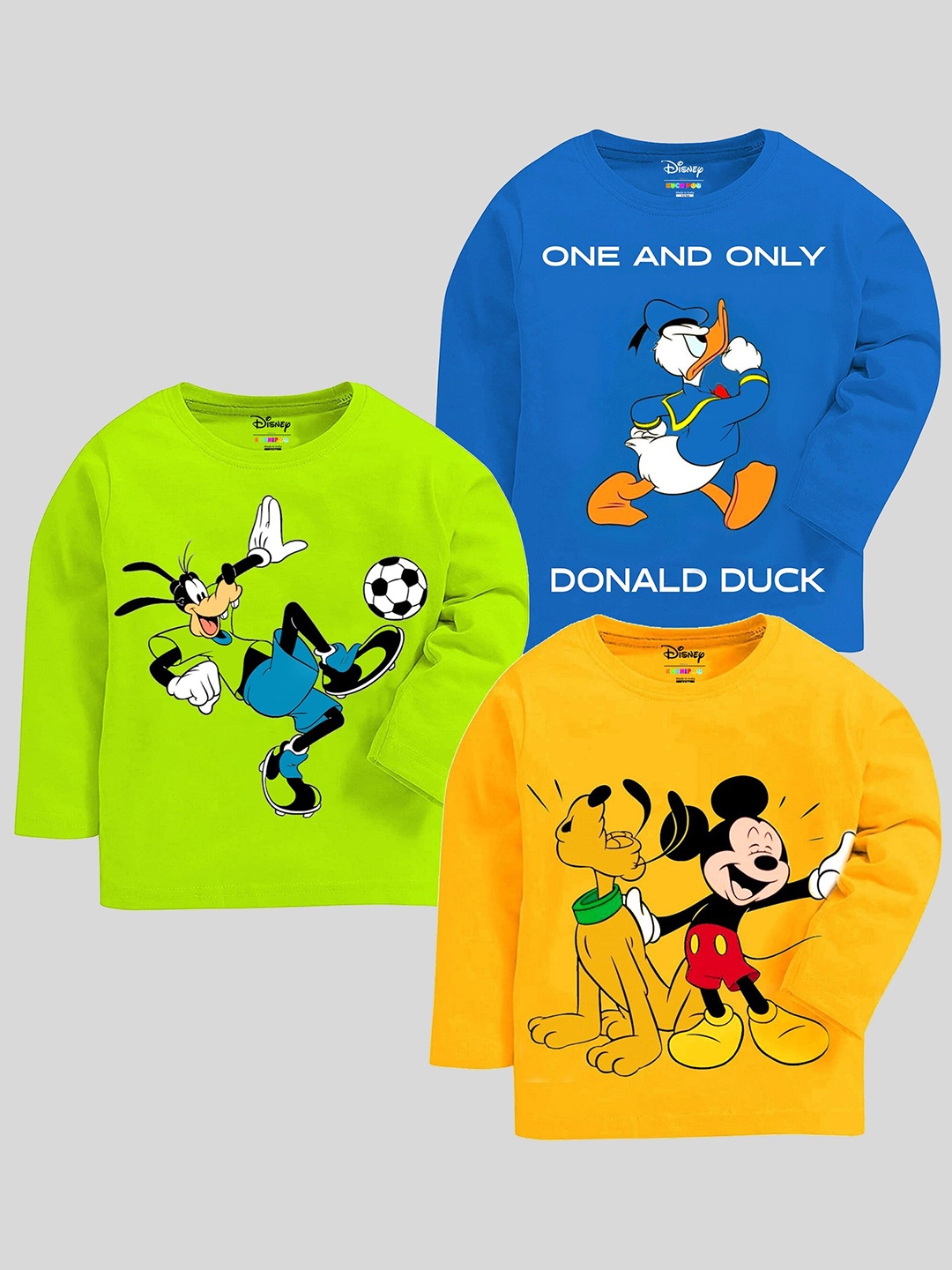 

KUCHIPOO Boys Pack Of 3 Mickey & Friends Printed Long Sleeves Cotton T-shirts, Blue