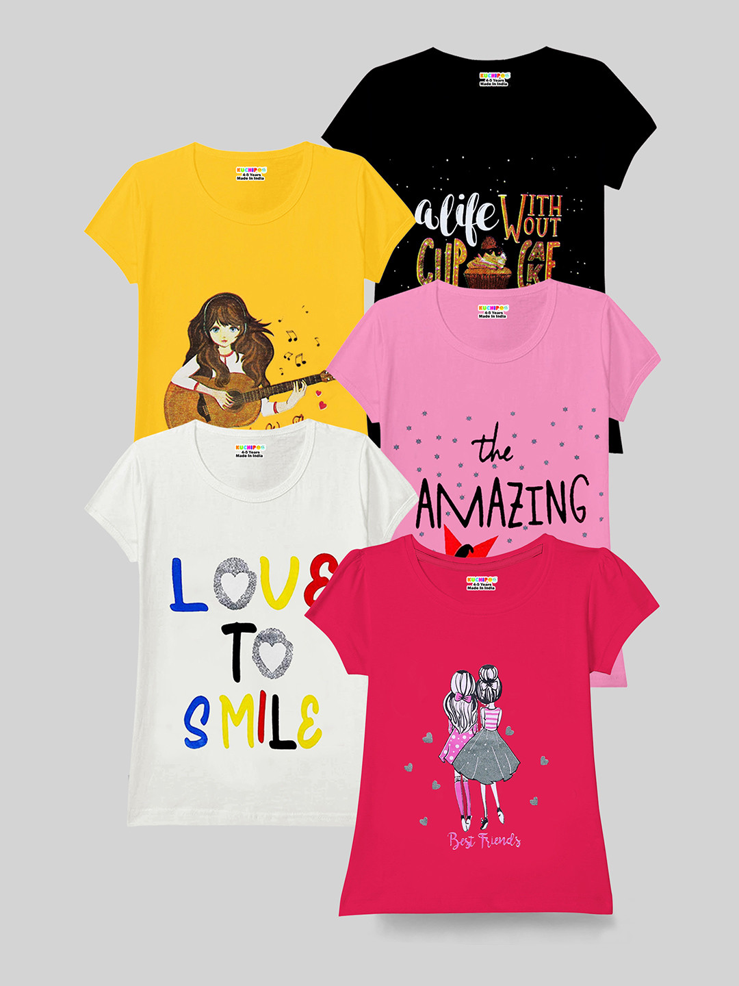 

KUCHIPOO Girls 5 Typography Printed Puff Sleeves T-shirts, Pink