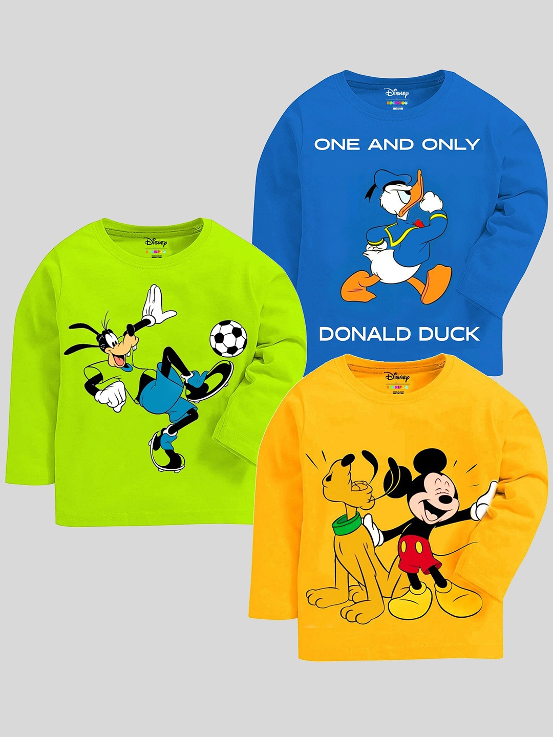 

KUCHIPOO Boys Pack Of 3 Mickey & Friends Printed Cotton T-shirts, Green