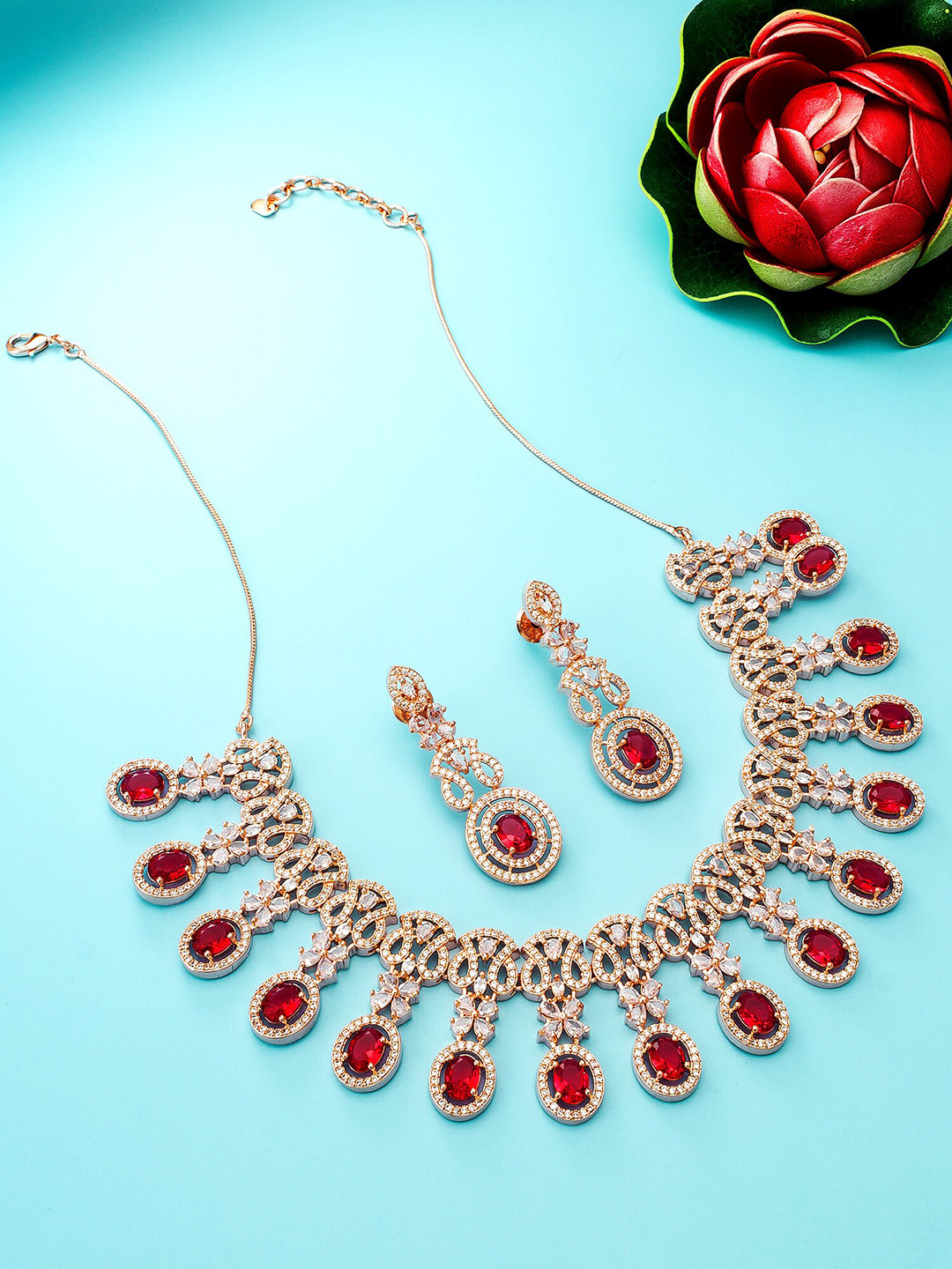 

aadita Rose Gold-Plated Red Stone-Studded Jewellery Set