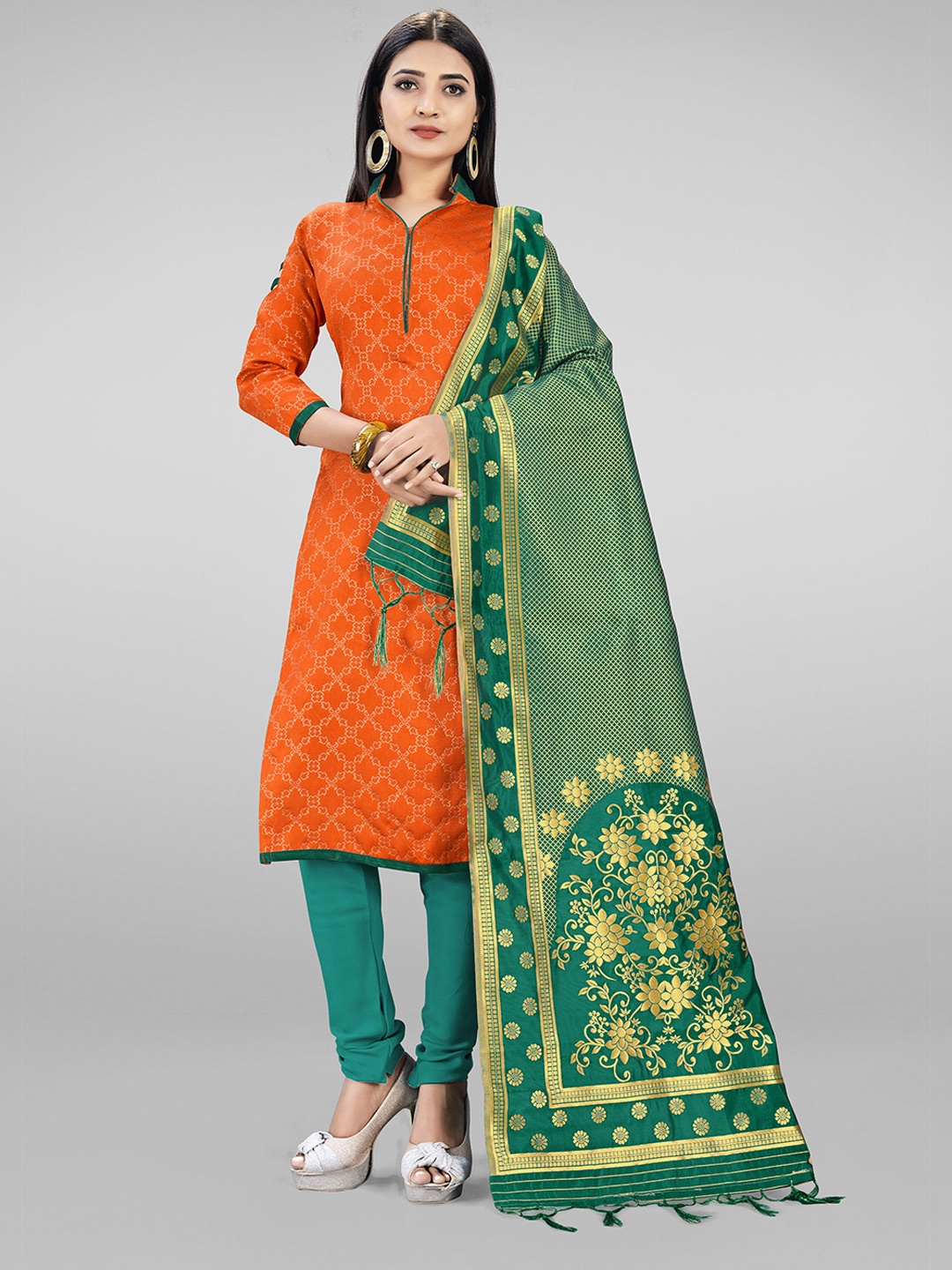 

KALINI Orange & Green Unstitched Dress Material